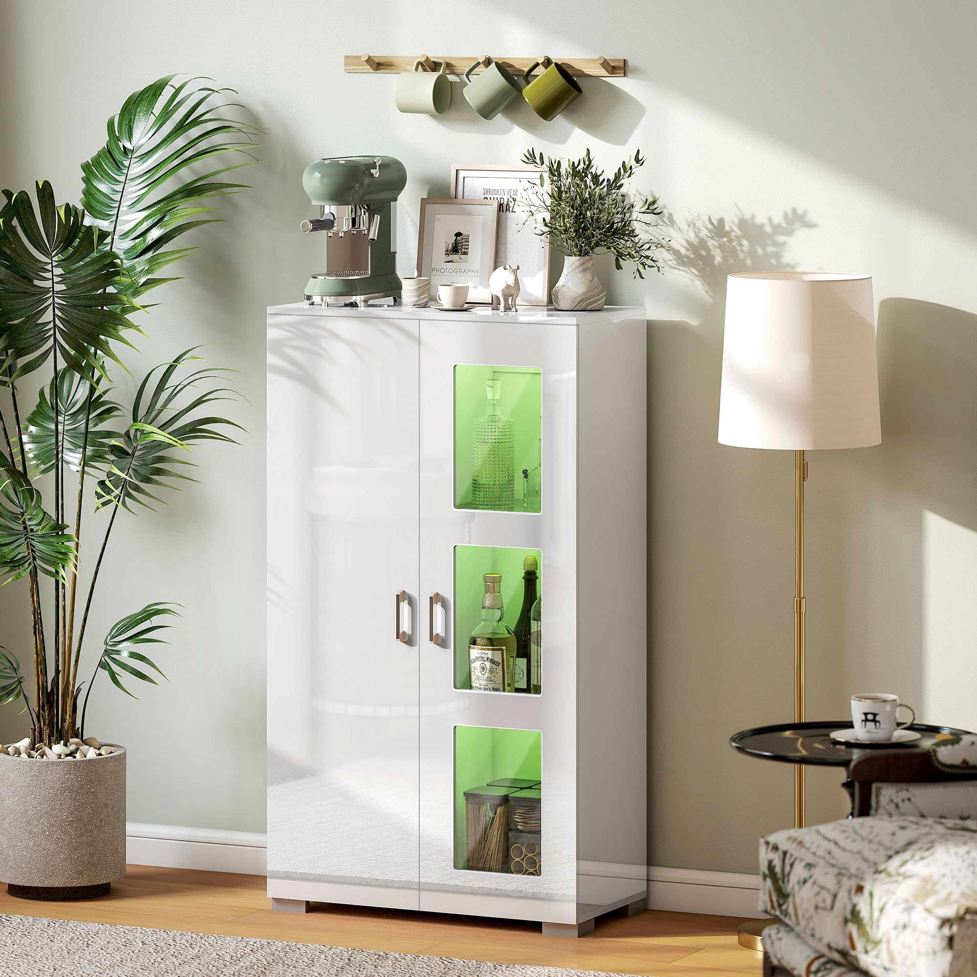HOMCOM High Gloss Sideboard, Modern Storage Cupboard with 16-Colour RGB LED Lights, Display Cabinet with Remote, Glass Doors and Shelves for Kitchen, Living Room, Dining Room, White