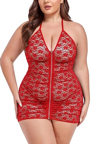 Plus Size Sheer Stretch Mesh Babydoll Dress Zipper Shirring Halter Chemise Curvy Sexy Lingerie for Women - Red Lace Rose - 3X-Large