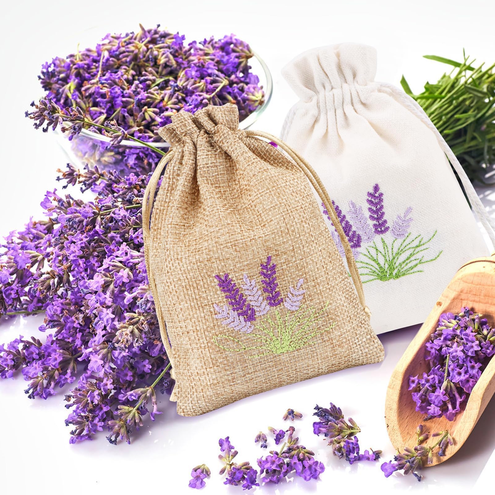 Lot de 12 sachets de lavande vides à remplir avec cordon de serrage - Petits sachets en coton et lin pour lavande, épices, herbes, bijoux, bonbons