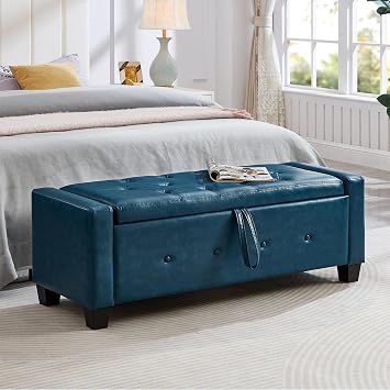 Storage Ottoman Bench, Faux Leather Button Tufted Rectangle Entryway Bench Seat, Modern Foot Rest Stool for Couch, Upholstered End of Bed Shoe Benches for Living Room, Bedroom, Entryway, WindowBlue