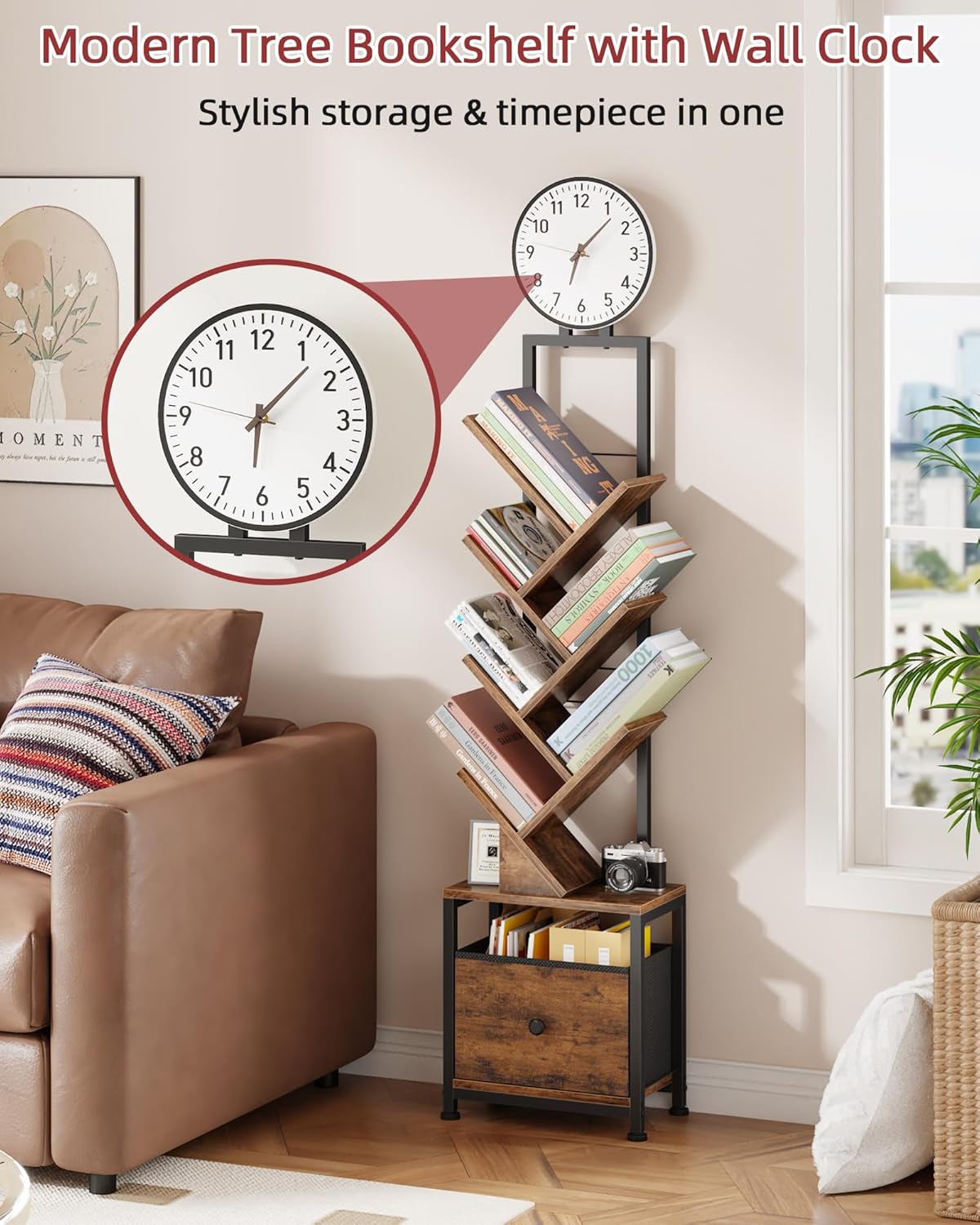 6 Tier Tree Bookshelf with Clock and Fabric Drawer, Small Narrow Bookcase, Tall Floor Standing Book Shelf for Bedroom, Living Room, Home Office, Rustic Brown