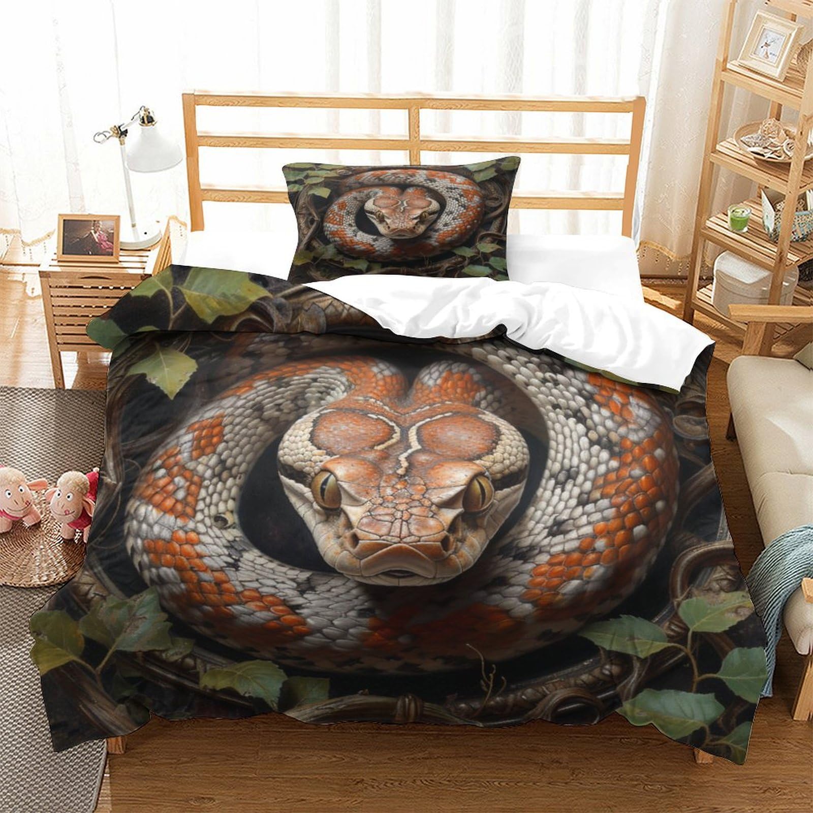 P1S9U7W5Y 3D Printed Snake Animal Pattern Duvet Cover Set 3pcs Microfiber Reptile Bedding Set Bedroom Decor Single（135x200cm）