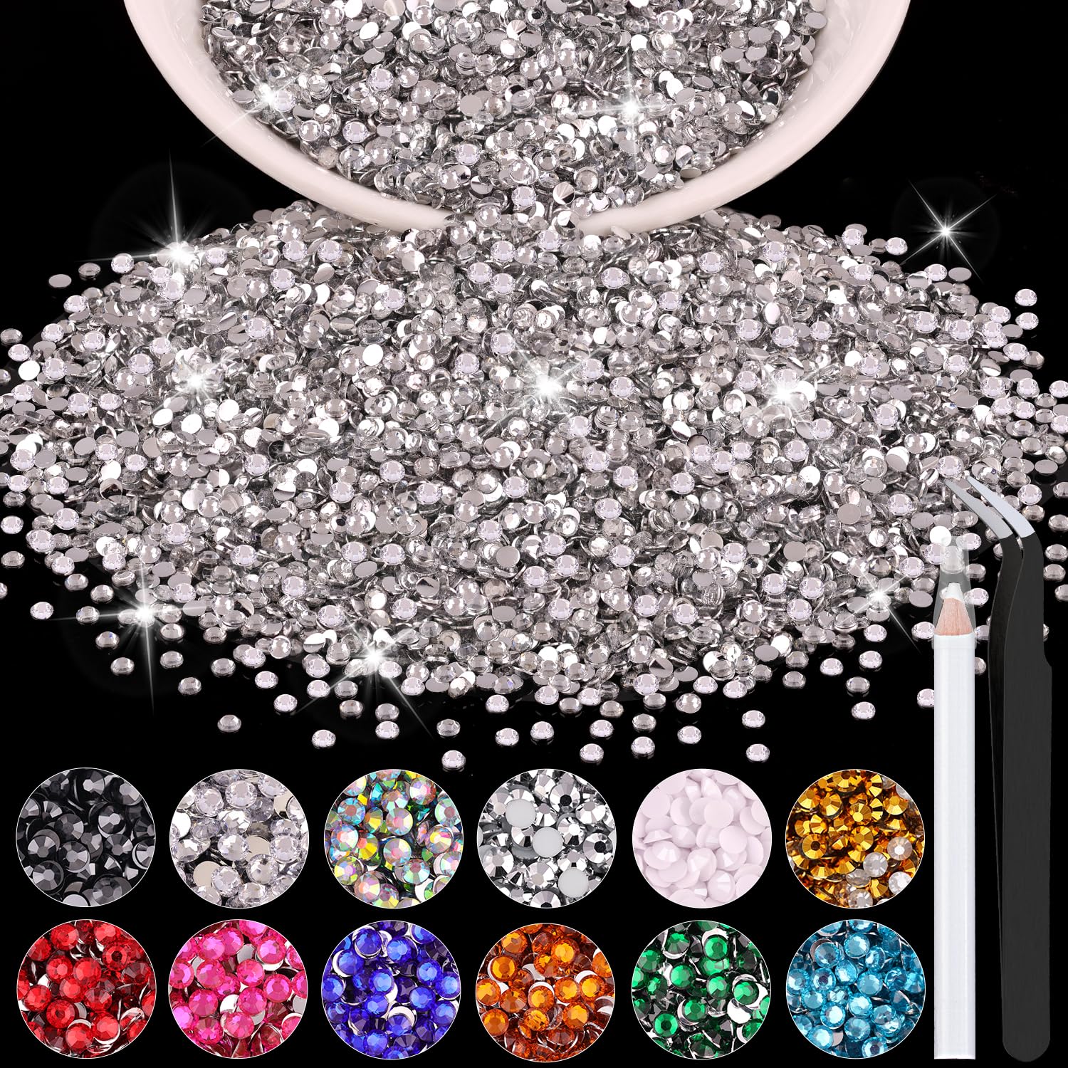 BELLEBOOST 5000PCS 2mm Resin Rhinestones in Bulk (Clear), Bedazzling Flatback Crystals for Crafts DIY Nail Decoration, Gems Charms for Tumbler Shoes Clothing Fabric with Pickup Pen and Tweezers