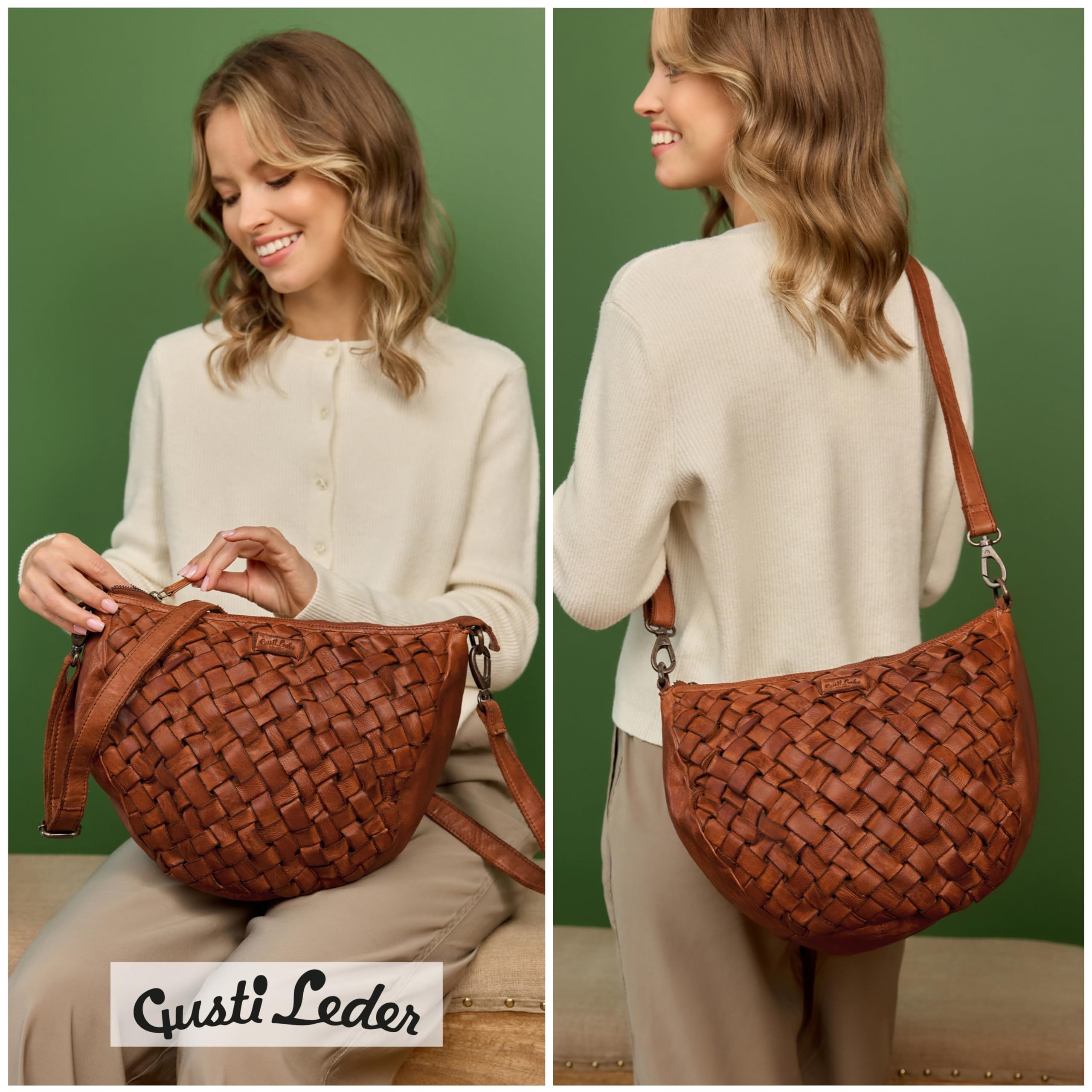 Gusti Leder Umhängetasche Damen - Clover – Halbmondförmige Ledertasche Damen aus Rindsleder - Vintage Umhängetasche Leder mit Retro Flechtdesign