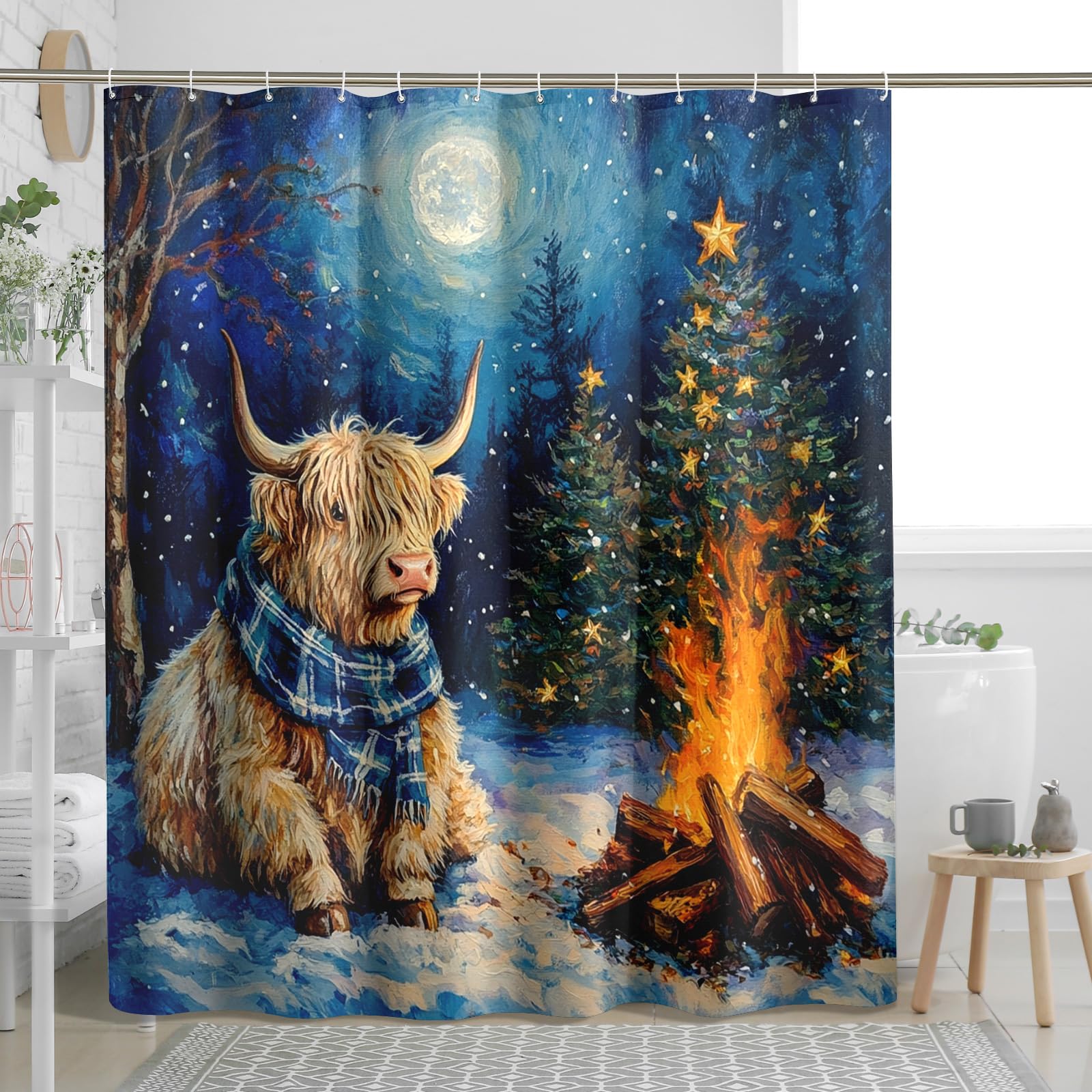 Highland Cow Shower Curtain, Winter Snowy Scene with Cozy Scottish Cattle and Christmas Trees, Rustic Festive Bathroom Decor, Warm Waterproof Fabric Shower Curtain Set with Hooks 62x72 Inch