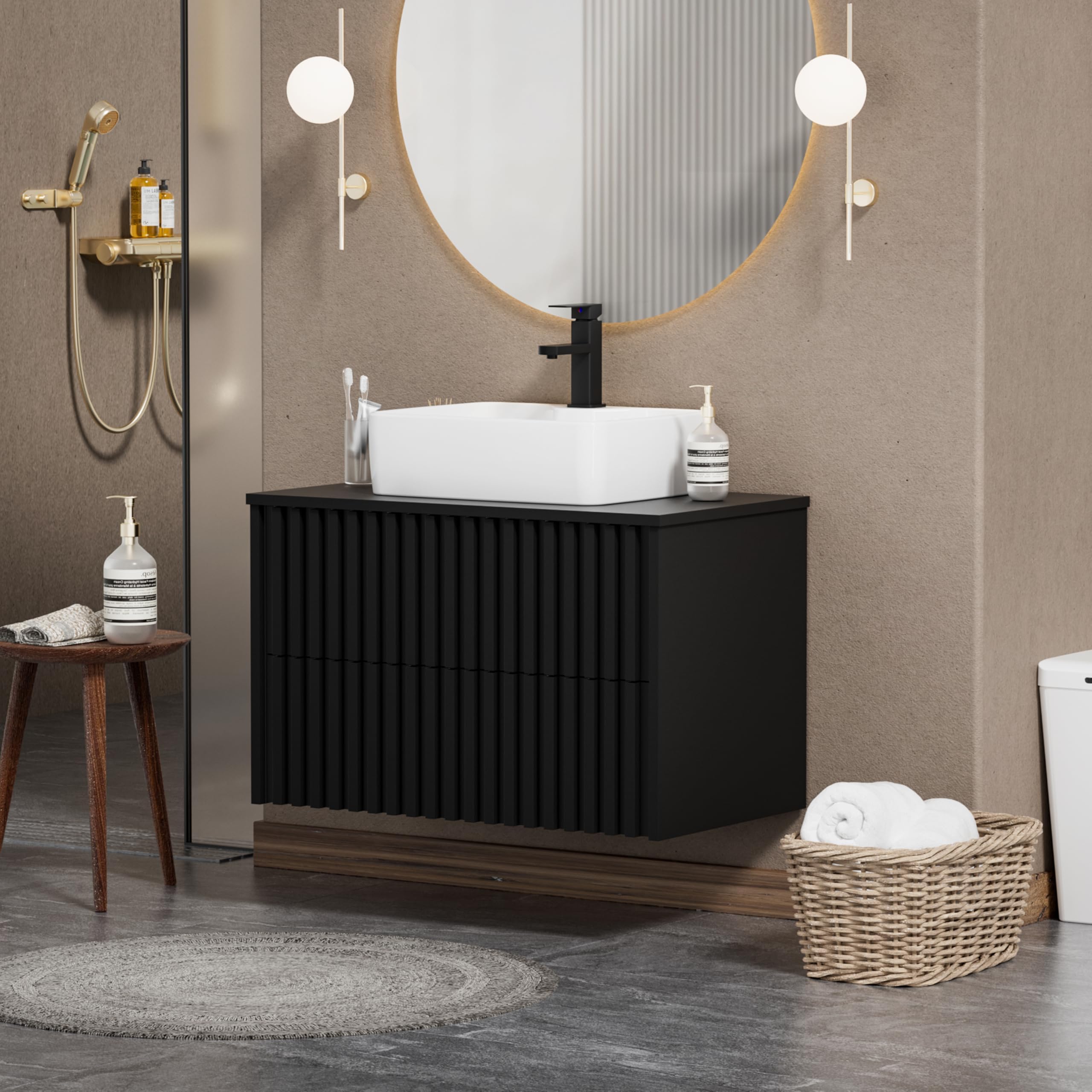 UEV Mueble de Baño 80CM con Lavabo de Cerámica, Mueble de Baño Suspendido Combina Elegancia y Funcionalidad, Lavabo con Mueble de Pared, Negro