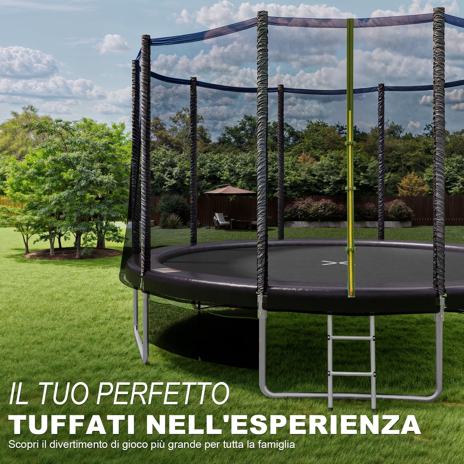 JUMMICO Trampolino esterno Ø 183/228/305/366/427 cm, trampolino da giardino per bambini con scala e tasca laterale