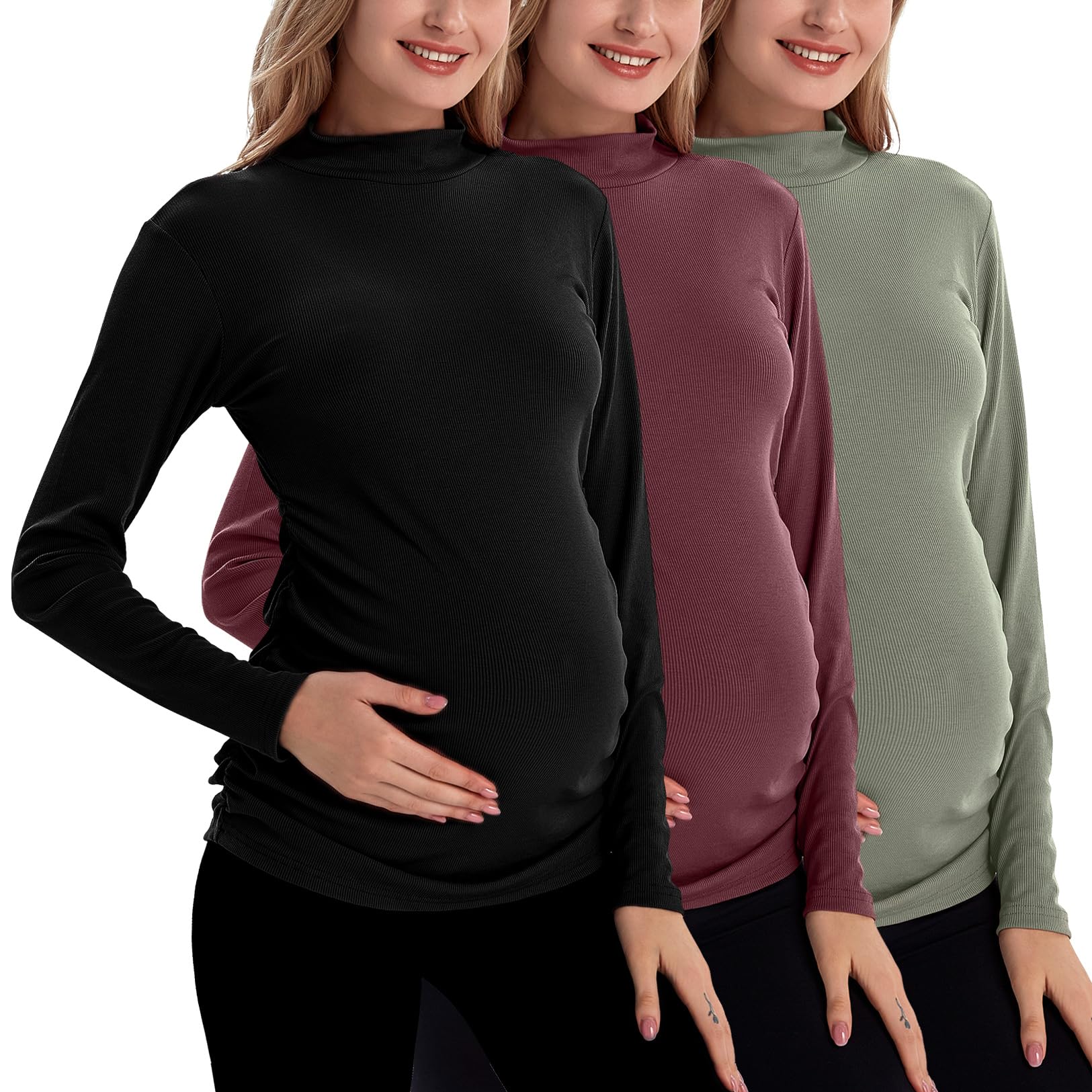 Bhome Maternity Shirt Long Sleeve Pregnancy Top Ribbed Mock Neck Pregnant Pullover