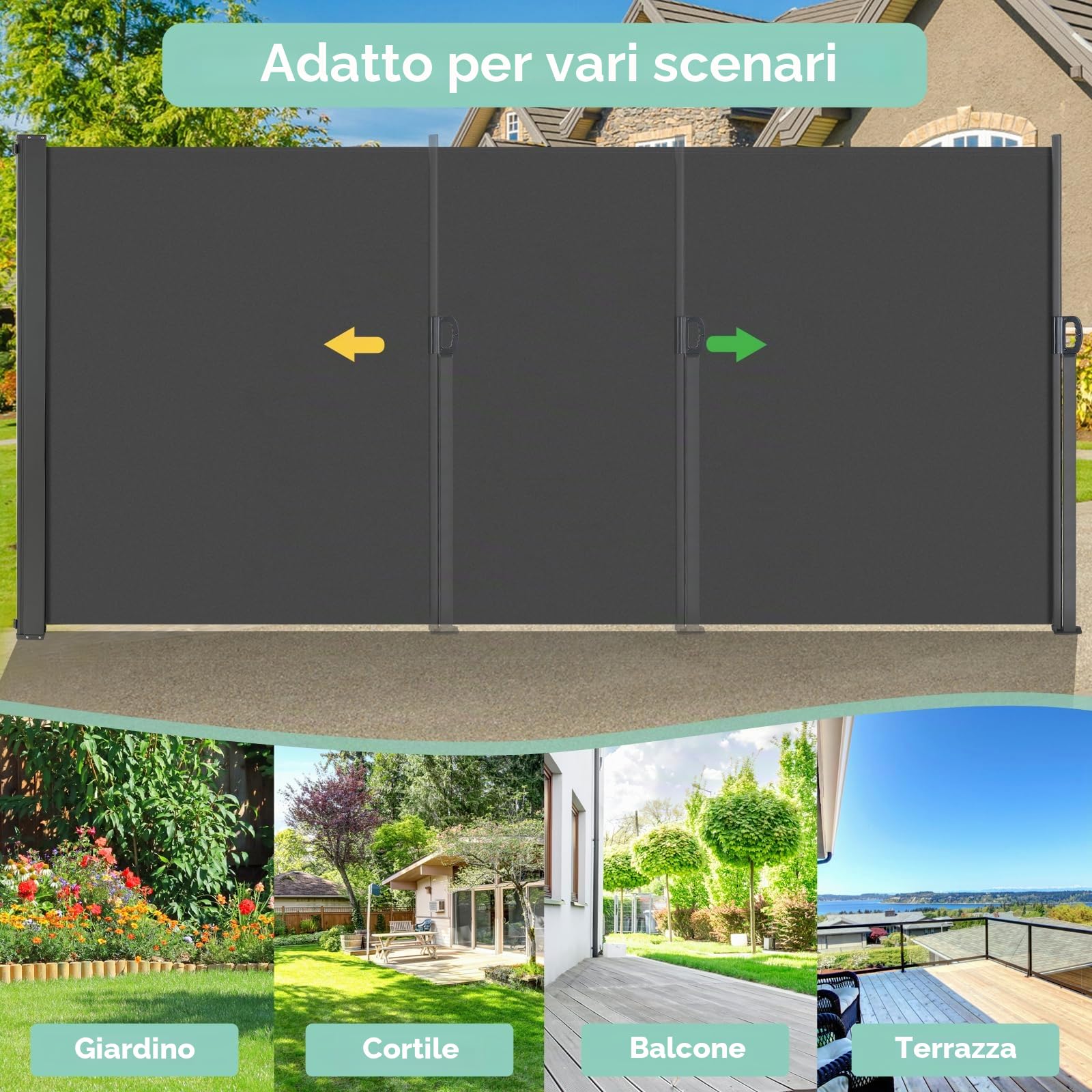 Tenda da Sole Laterale 180 x 350 cm (H x L),Tendone Laterale Estensibile,Tenda Sole Allungabile,Tenda Laterale Avvolgibile,Impermeabile,Protezione Solare,Rivestimento in PU,per Balcone,Terrazzo,Grigio