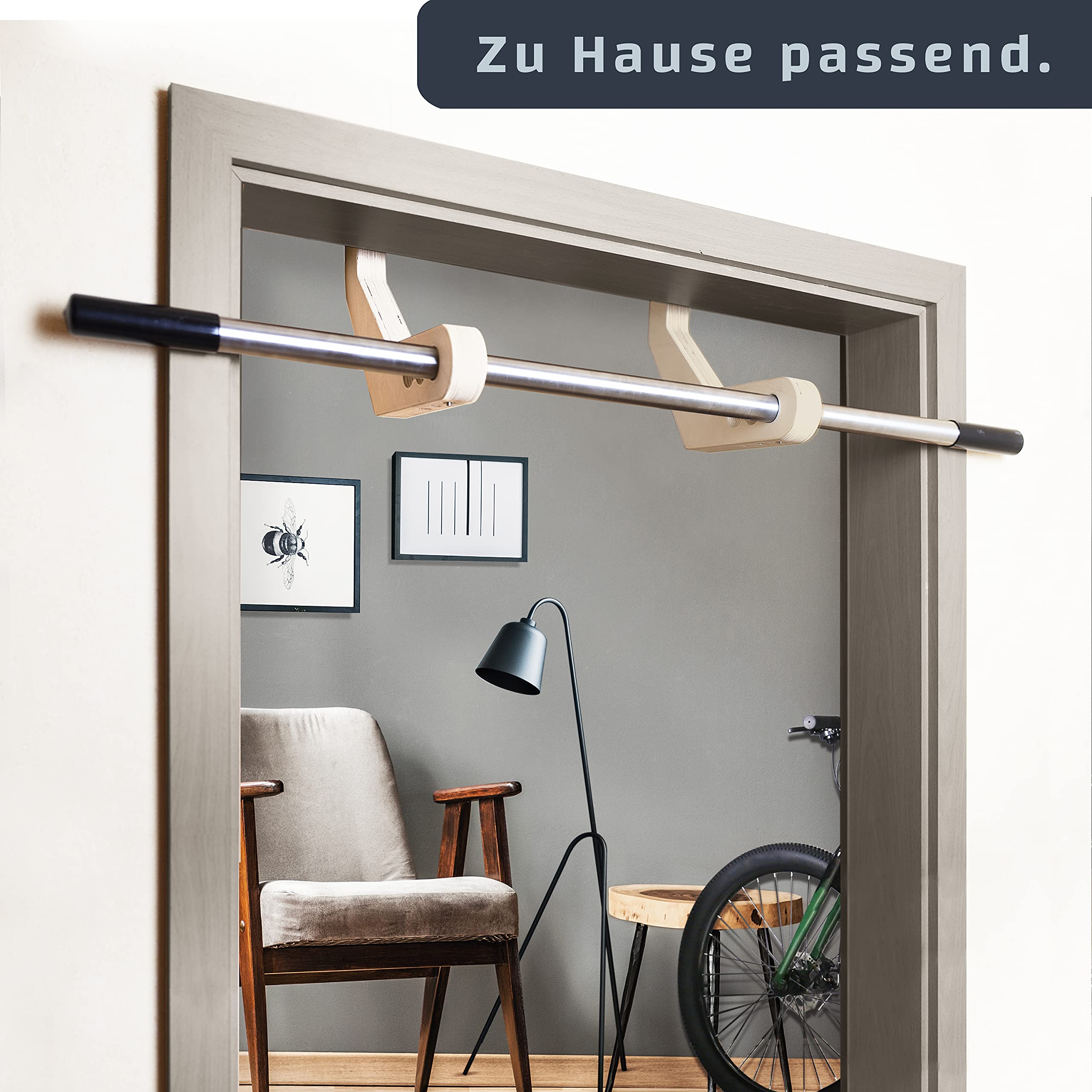 Drewniany drążek do podciągania I Made in Germany I stabilny drążek do futryny drzwi bez śrub I Pull Up Bar i podciąganie ze szlifowanej stali nierdzewnej i twardego drewna