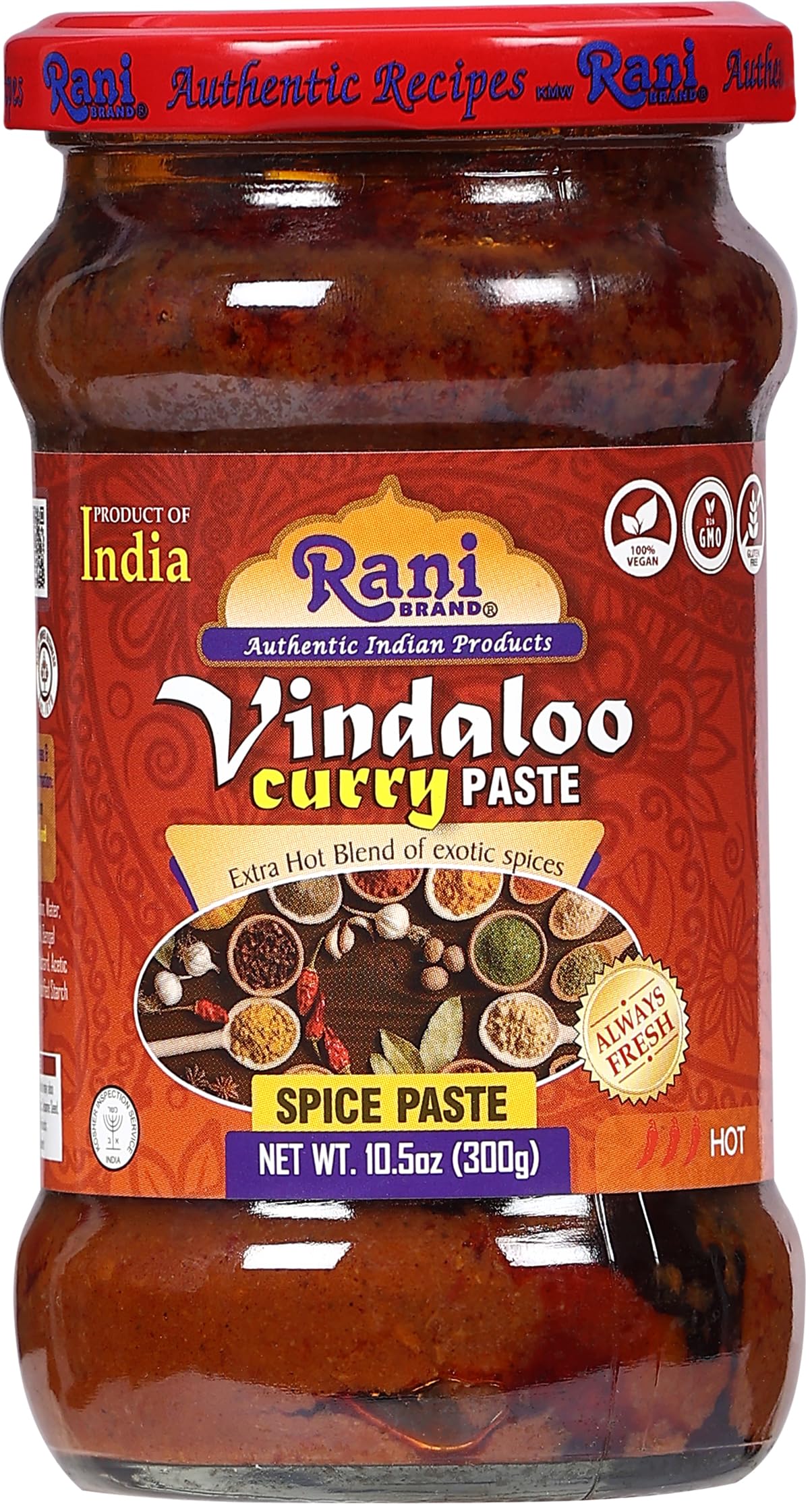 Rani Vindaloo Curry Cooking Spice Paste, Hot! 10.5oz (300g) Glass Jar ~ No Colors | All Natural | NON-GMO | Vegan | Kosher | Gluten Free | Indian Origin