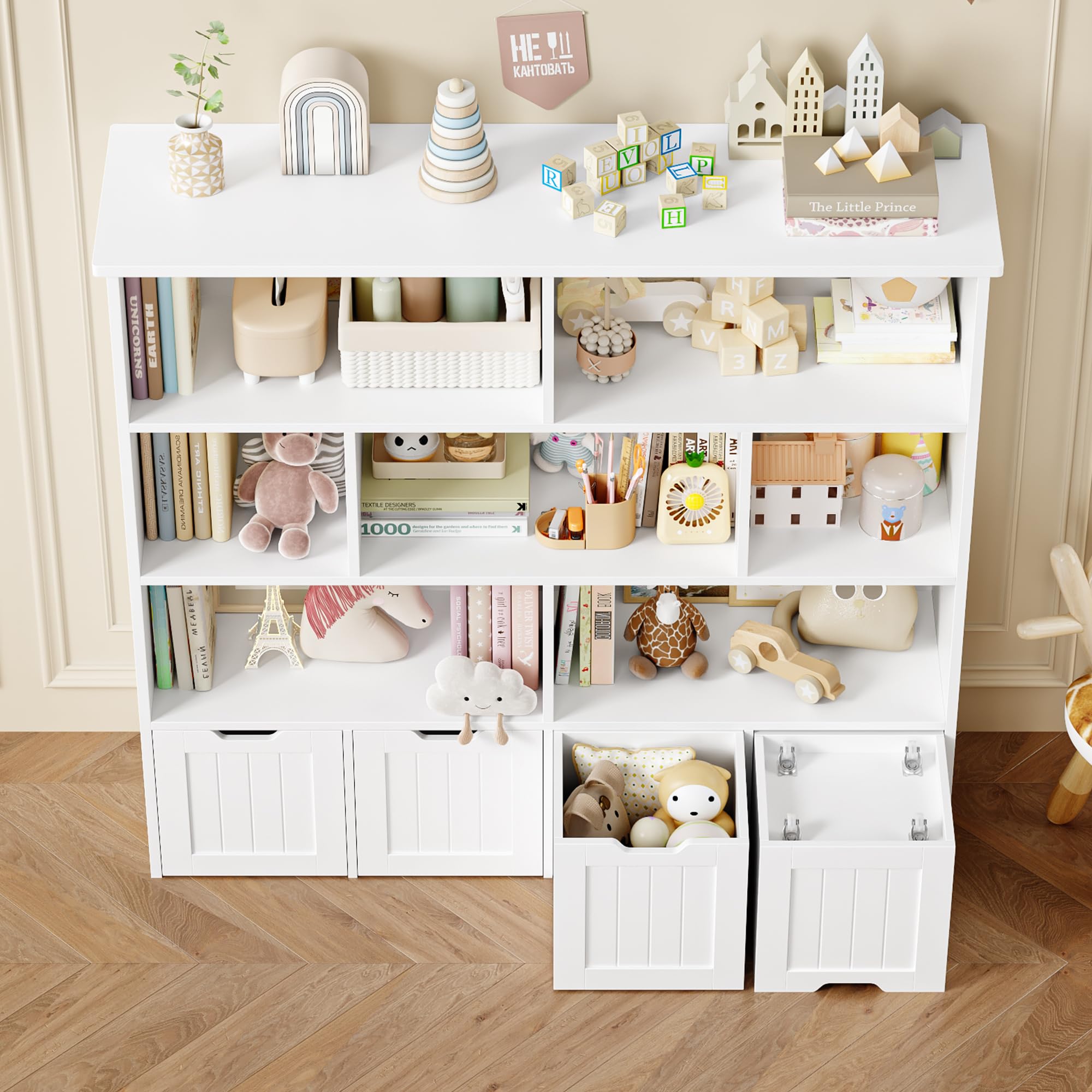 FOREHILL Kinderregal 4 Ebenen, Kinderzimmer Möbel, Bücherregal für Kinder | Kinderschrank mit Boxen auf Rollen, Spielzeug Aufbewahrung für Kinderzimmer, Kindergarten, Leseecke 125,5x33x118cm Weiß