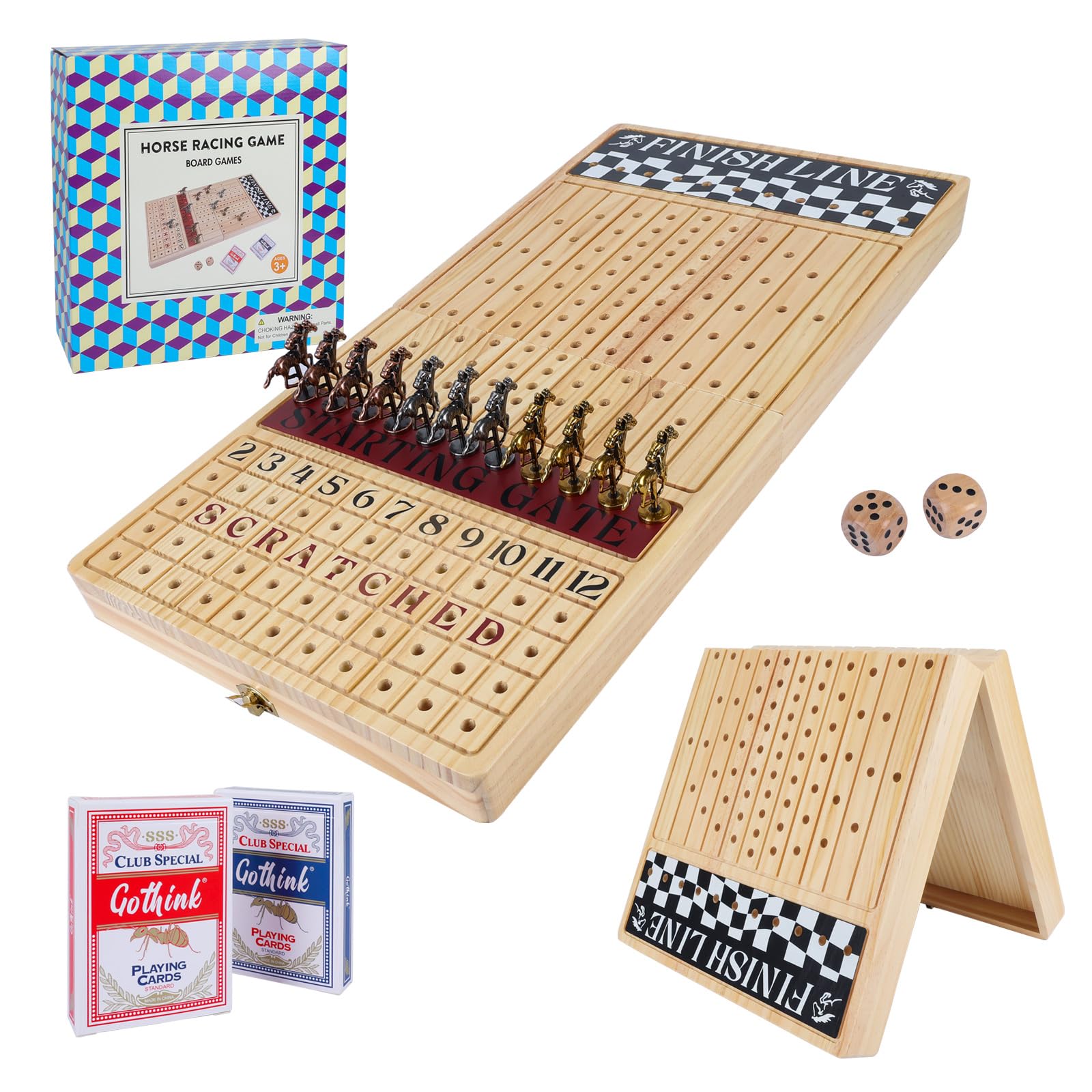 Juego de mesa grande de carreras de caballos de 23 pulgadas, caja de madera plegable duradera de alta calidad, juego de carreras de caballos con 11 caballos de metal retro, 2 dados y 2 cartas 8