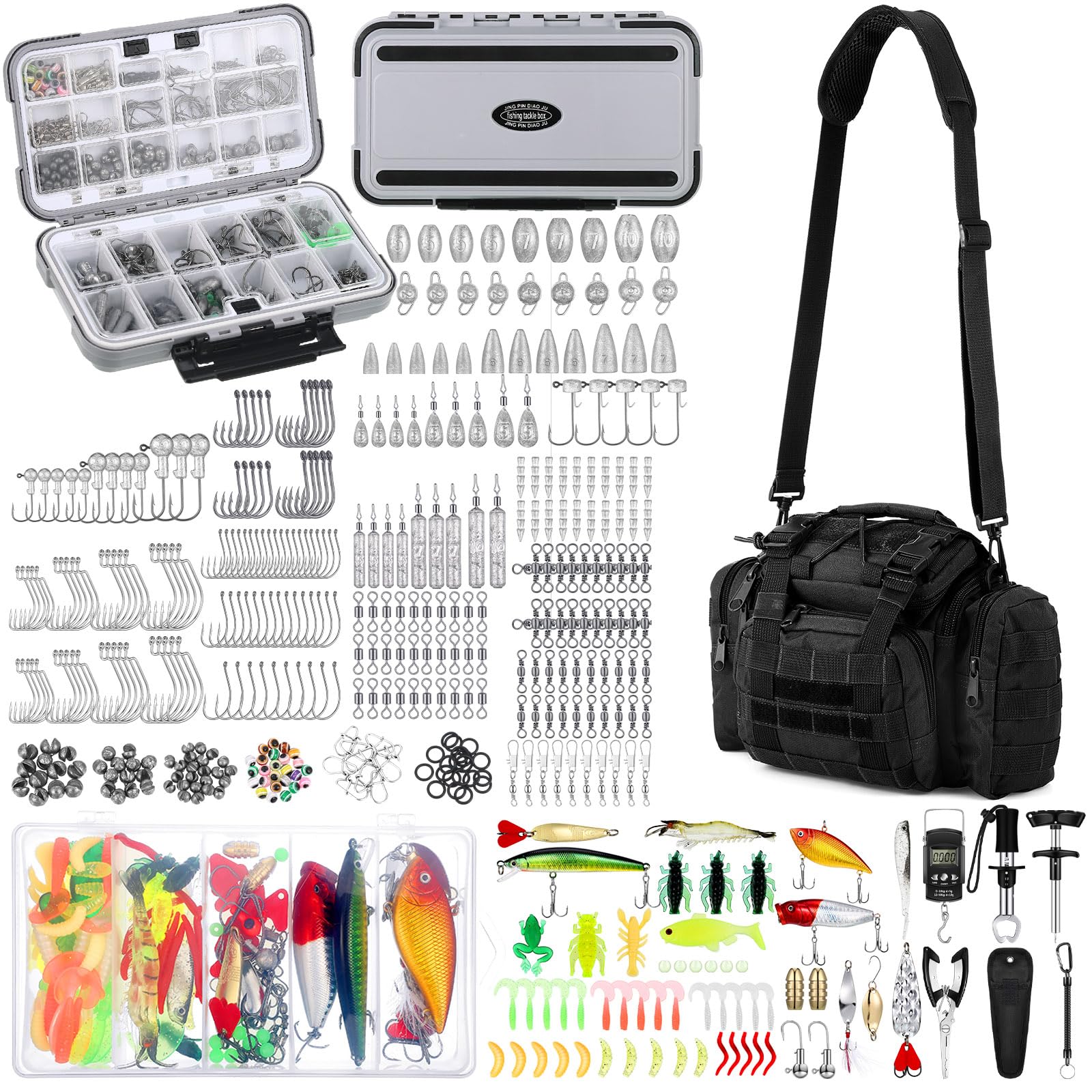 Sosation Kit de equipo de pesca de 482 piezas, caja de aparejos de pesca con aparejos incluidos, kit de herramientas de extracción de anzuelos, kit de señuelos de mochila (negro)