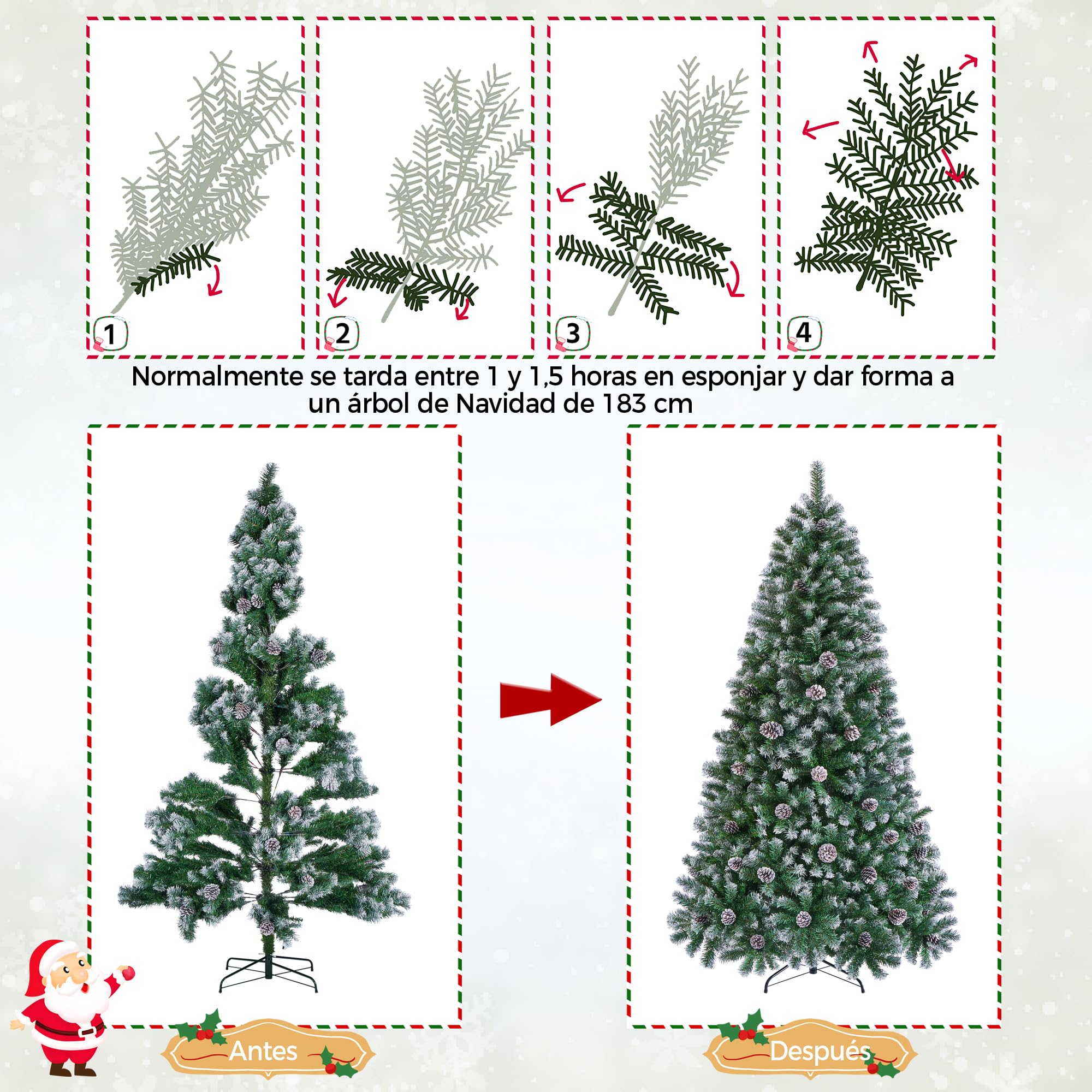Yaheetech 183cm Árbol de Navidad Nevado Artificial 920 Puntas con 64 Frutas de pinos Soporte Metálico Plegable para Decoración Casa Oficina Fiestas Festivas