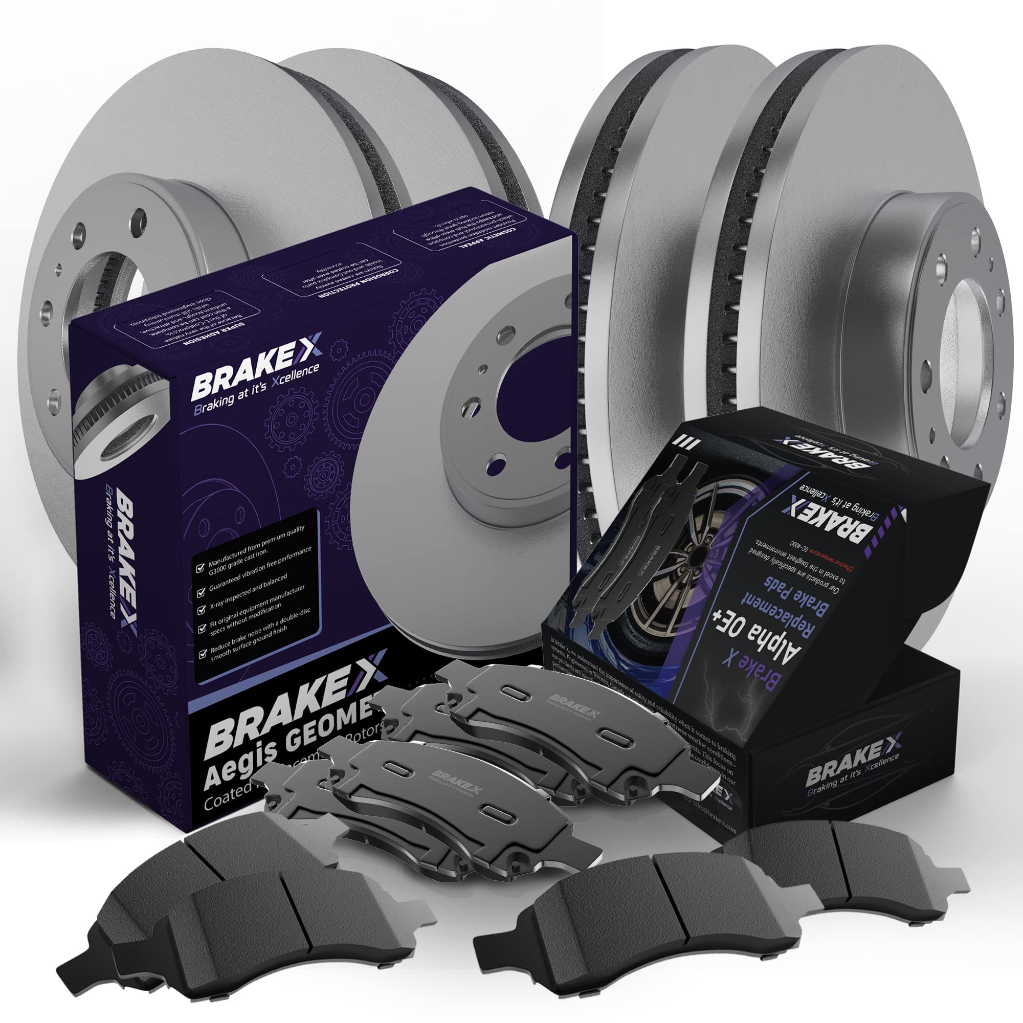 Brake X Replacement Brake Pads and Rotors Kit replacement for 2007-2016 GMC Acadia | AEGIS GEOMET Coated Rotors and Alpha Ceramic Brake Pads [Front and Rear]