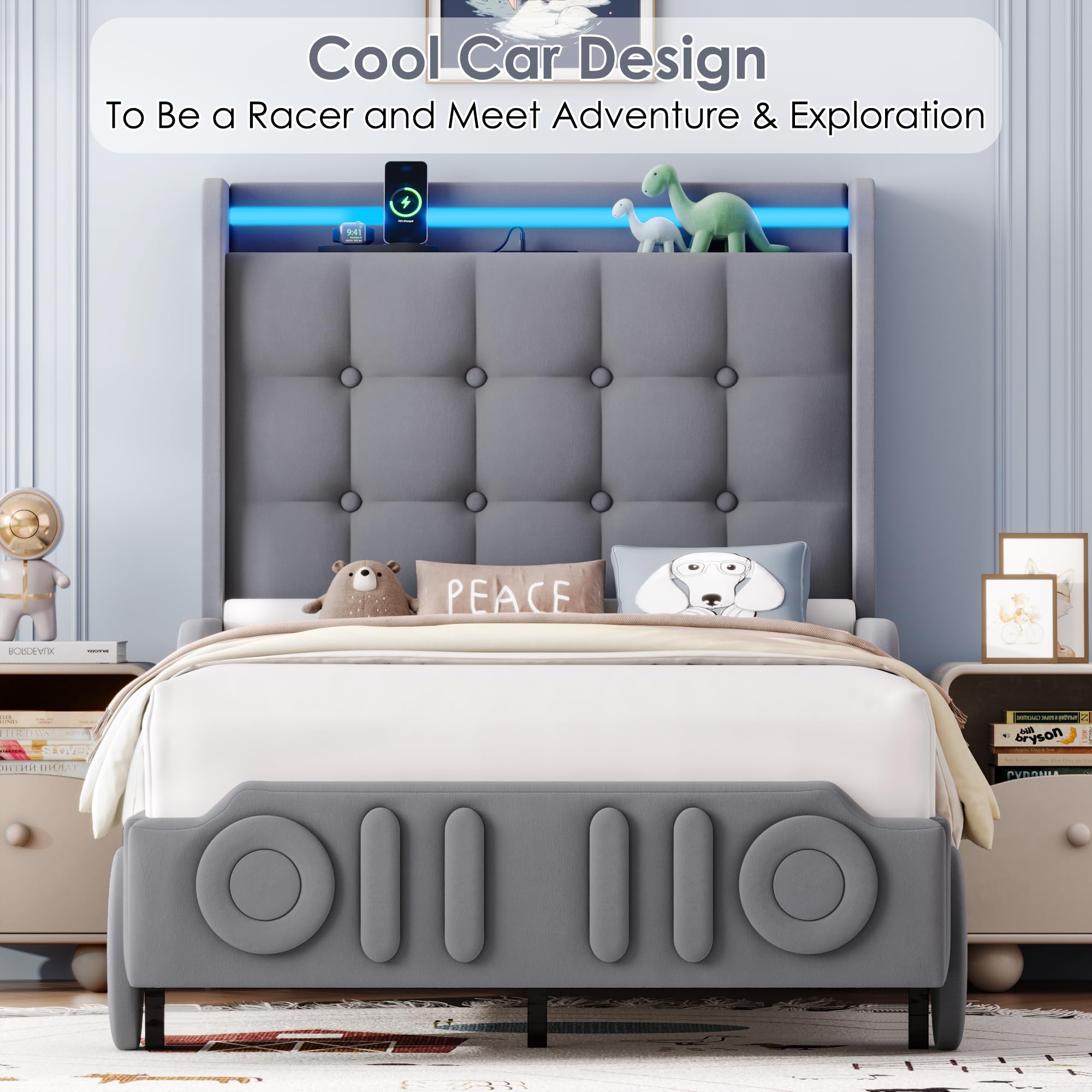Keyluv Twin Car Bed Frame with LED Lights and Charging Station, Upholstered Platform Bed with Button Tufted Headboard and Wheels, No Box Spring Needed, Noise-Free, Easy Assembly, Velvet Grey