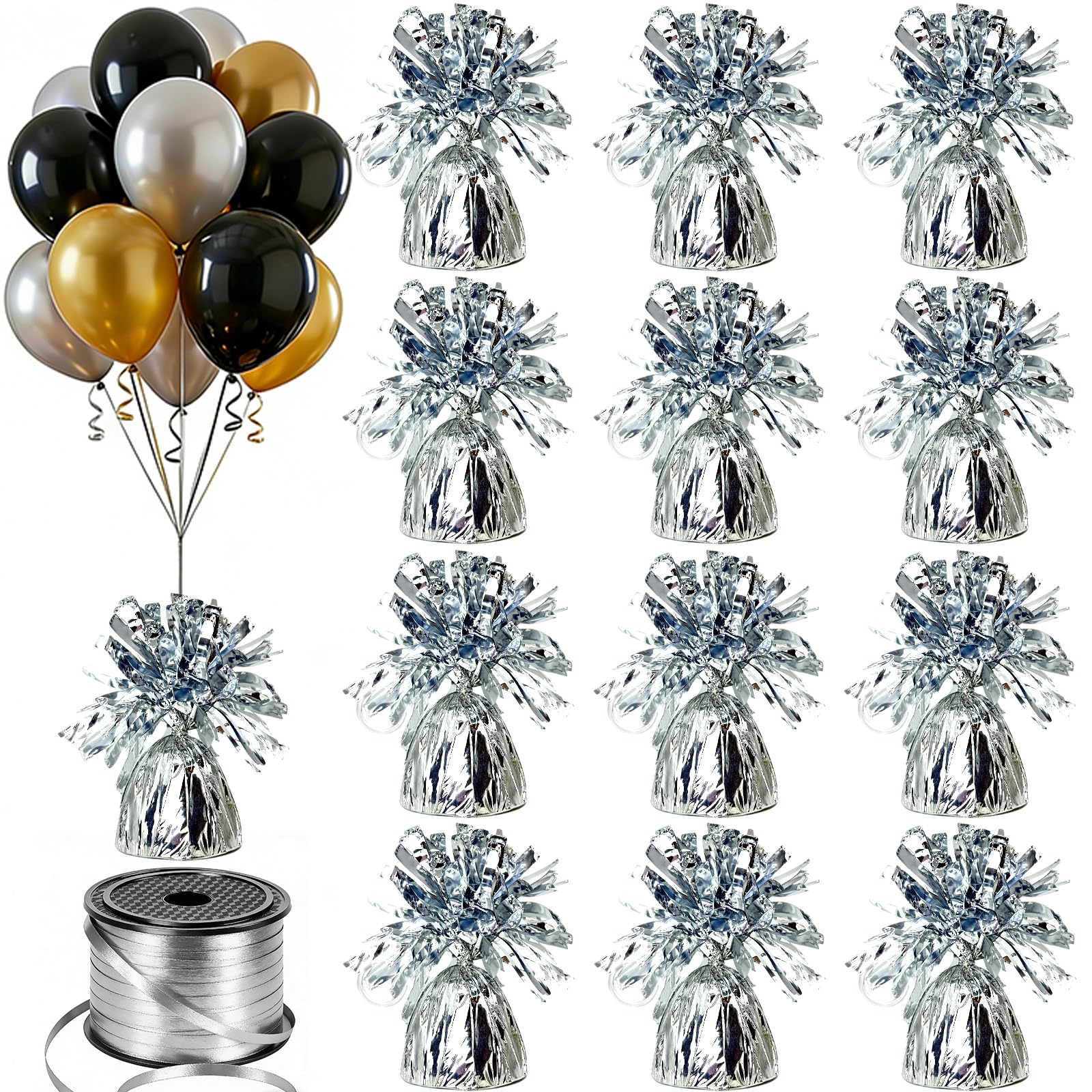 FUBININA 12 pesi per palloncini con ancora metallica con 1 rotolo di nastro in alluminio resistente, supporto per palloncini a elio, decorazione da tavolo per laurea, compleanno, matrimonio