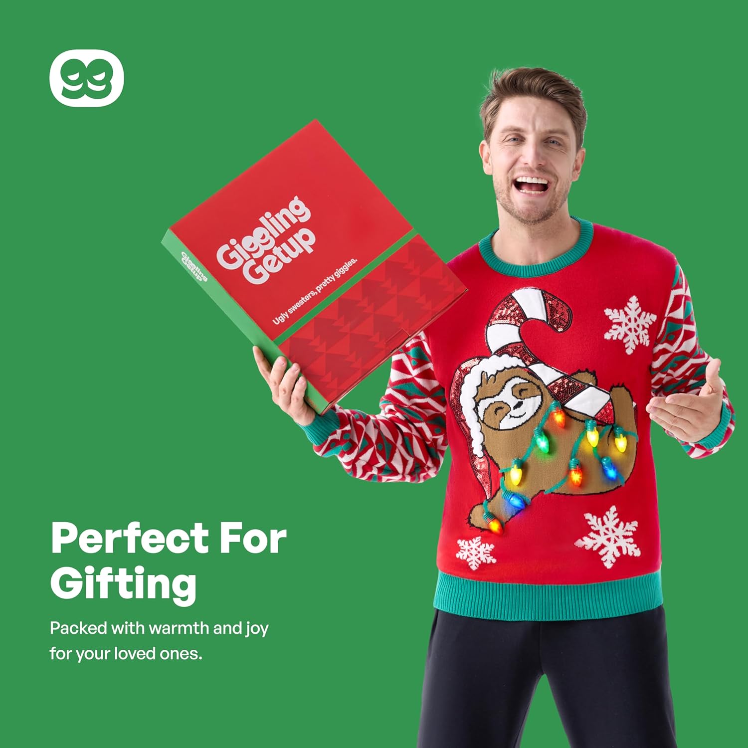 Giggling Getup Ugly Christmas Sweater with Light, LED Ugly Christmas Sweater for Women Men Kids 2025 Sloth Bear(Red) - Image 6