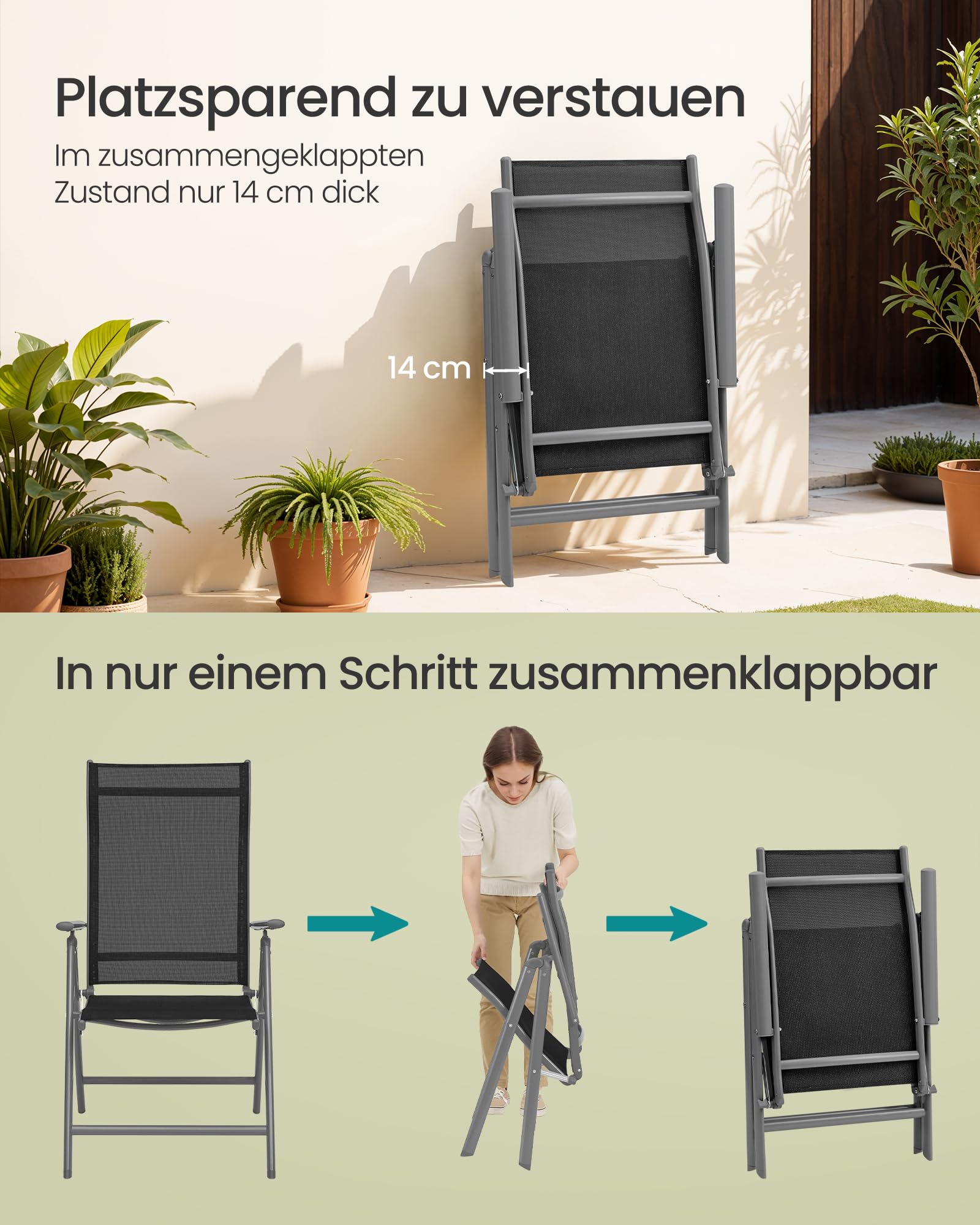 SONGMICS Gartenstuhl 2er Set, Klappstuhl, Outdoor-Stuhl, mit Metallgestell, 8-Fach verstellbare Rückenlehne, bis 150 kg belastbar, schwarz GCB29BK