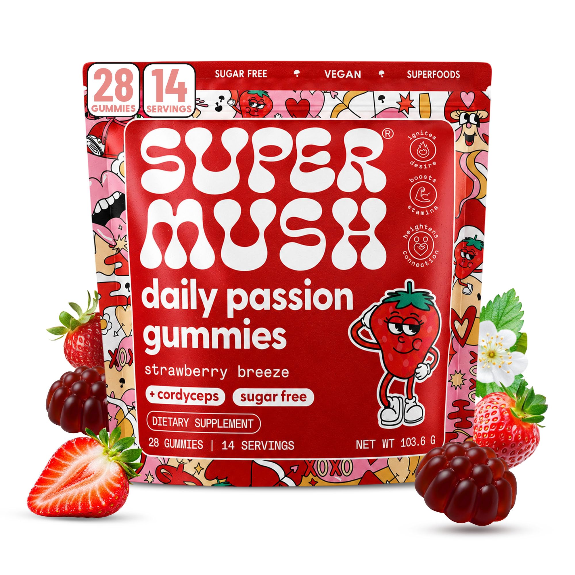 SuperMush Suplemento fitoterápico em gomas com Horny Goat Weed, raiz de maca, ashwagandha e cogumelos, 28 gomas