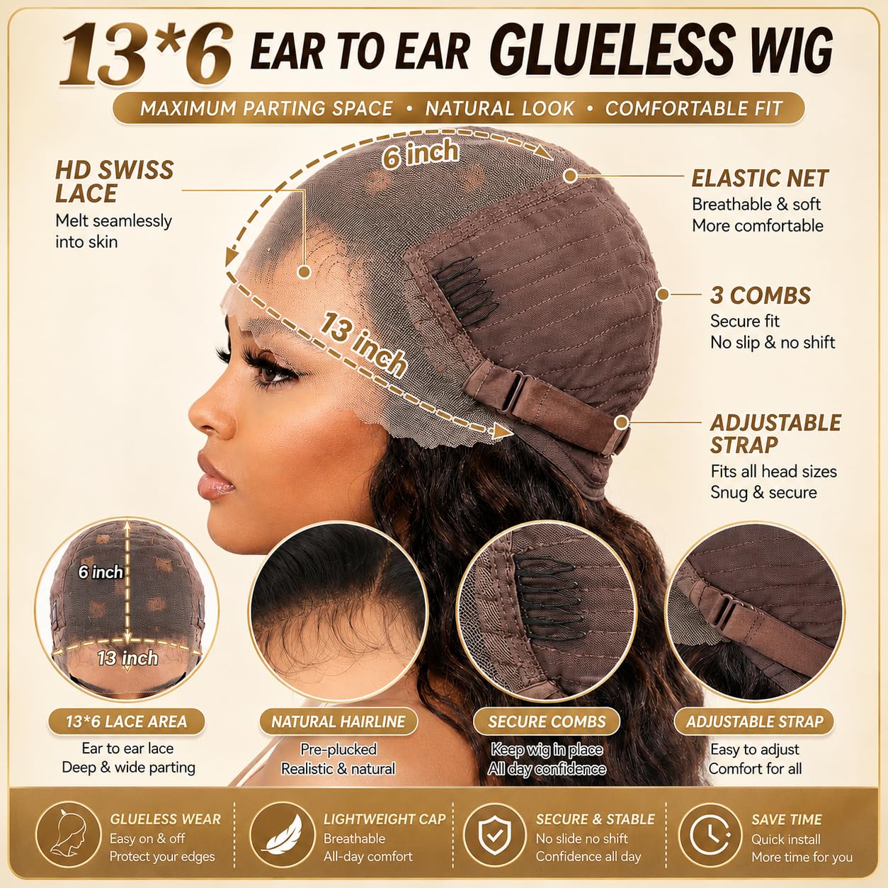 13x6 Loose Body Wave Curly Lace Front Wig Human Hair, Brown Blonde Highlight Wig for Women, Pre Plucked Natural Hairline, Glueless Daily Wear 26 Inch FS4/27