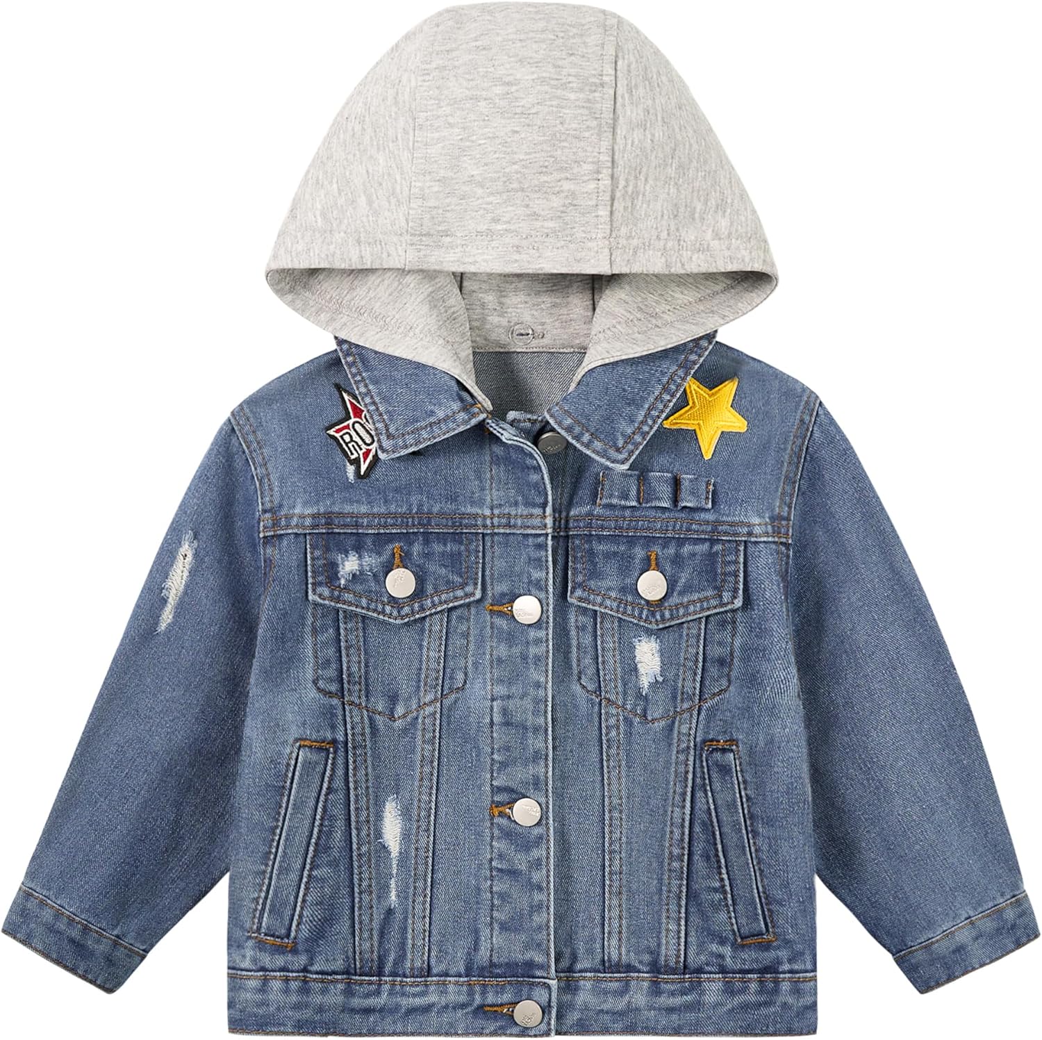 Volunboy Toddler Hooded Denim Jackets Boys Spring Fall Ripped Jean Coat with Hood Long Sleeve Button Down Casual Outerwear