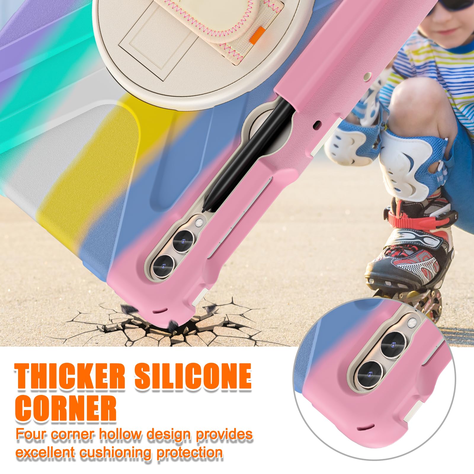 Étui robuste compatible avec Samsung Galaxy Tab S10+ Plus/S9 FE+ Plus 12,4" (SM-X826/X610) - Étui en silicone avec porte-stylo S - Support - Poignée - Bandoulière (Rose C)