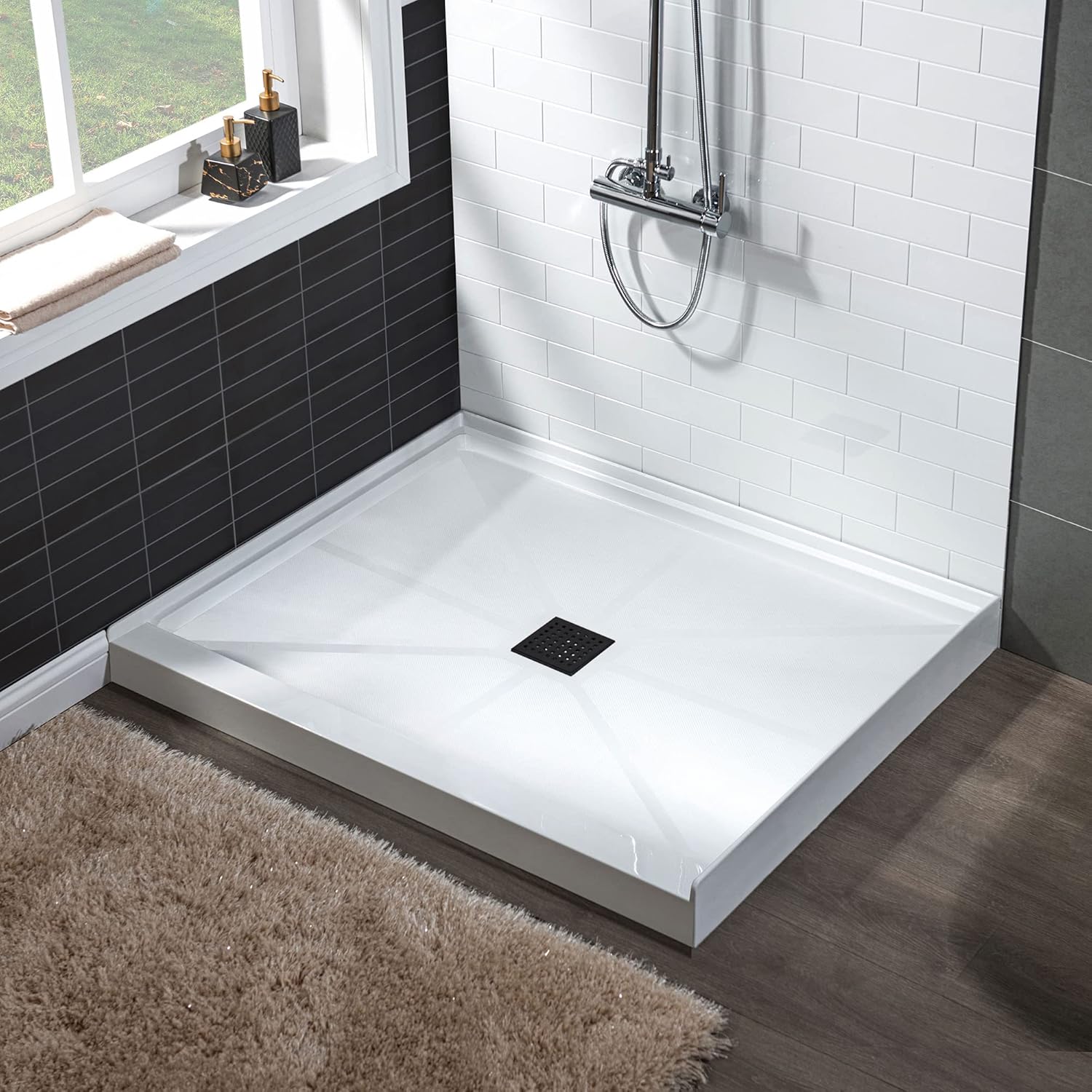WOODBRIDGE Solid Surface Shower Base with Recessed Trench Side Including Matte Black Linear Drain Cover L x W x H, 36" L x 36" W x 4" H,Center Drain White Color