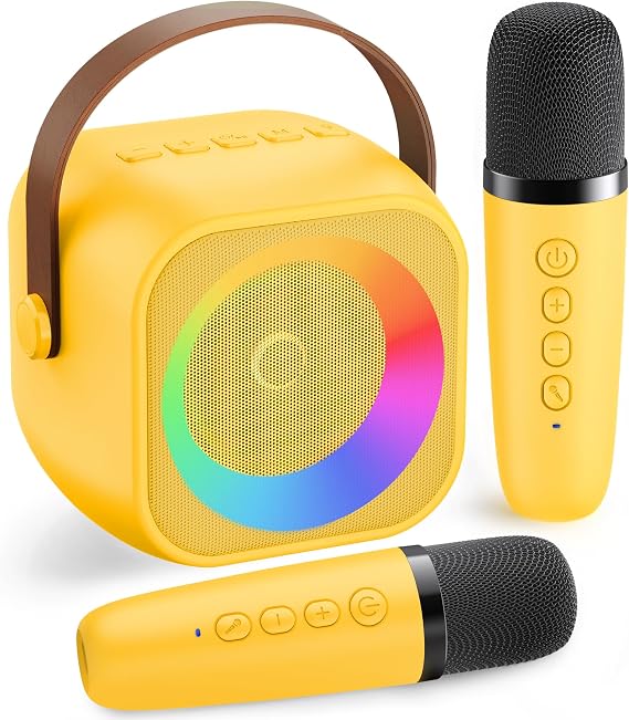 Mini Karaoke Machine for Kids Adults:Portable Bluetooth Karaoke Speaker with 2 Wireless Microphones and Lights for Home Party, Christmas Birthday Gifts for 4-12+ Years Old Girls Boys(Yellow)