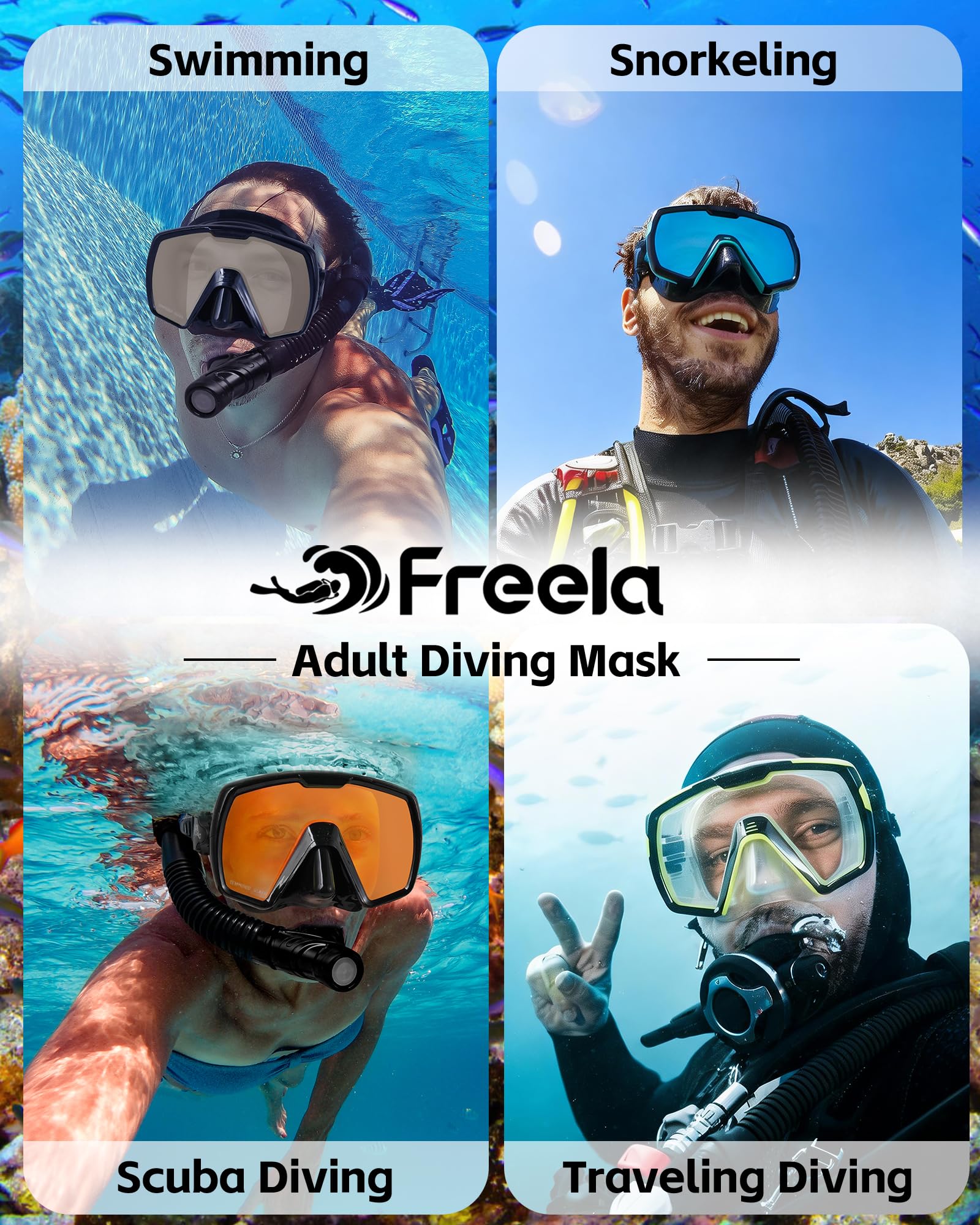 Freela Juego de esnórquel seco para adultos, jóvenes y niños, máscara de buceo con cubierta para la nariz, antivaho de visión amplia de 180°, equipo de esnórquel para hombres y mujeres