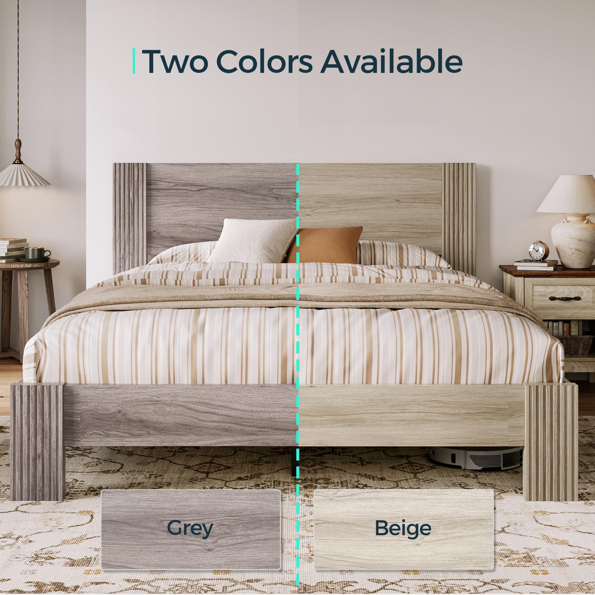 LINSY Full Size Bed Frame Wood with Headboard, Farmhouse Bed Frame Full ...