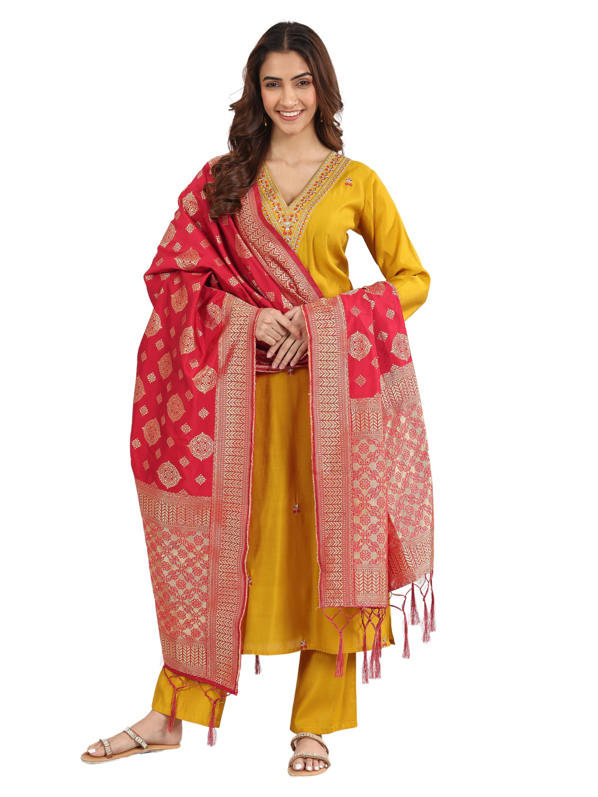 Embroidered Silk Blend Straight Kurta With Trouser and Dupatta-image-11