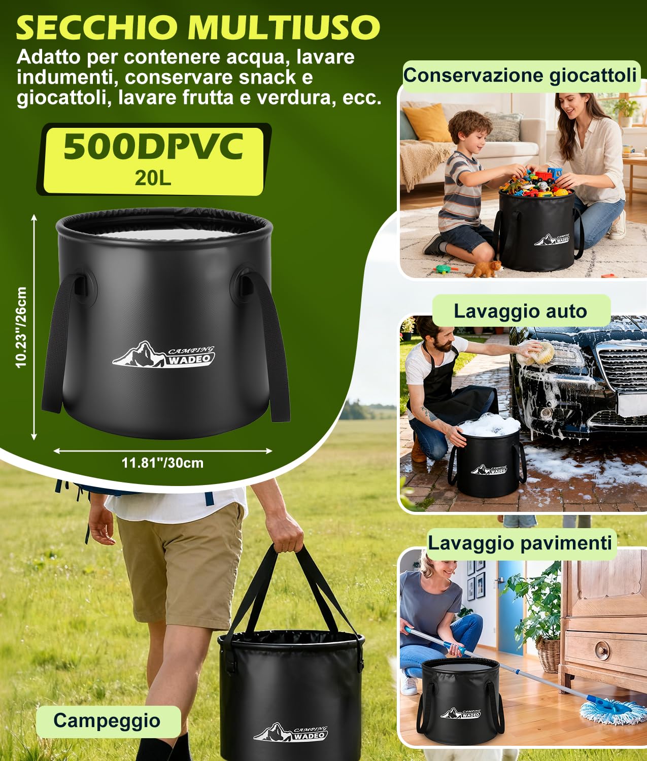 WADEO Doccia Portatile Campeggio con Acqua Calda, Autonomia fino a 10 Giorni, Display LED, Secchio Pieghevole 20L, Doccia Camper Ricaricabile USB, IPX8, per Viaggi, Spiaggia, Cani