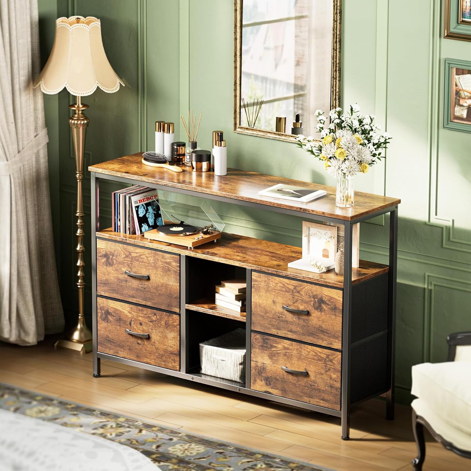 BestAlice Meuble TV Vintage avec éclairage LED, casier avec 4 tiroirs et 3 étagères, Cadre en Fer et Meuble TV à Panneaux de Particules, Pieds réglables en Hauteur(108cm-B)