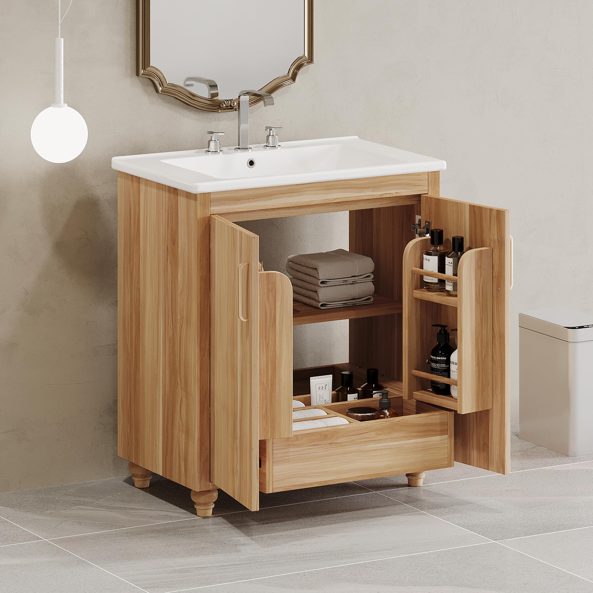 30 Inch Bathroom Vanities with Undermount Ceramic Sink, Farmhouse Style, Multi-Functional Drawer & Two Doors with Storage Rack, Adjustable Shelf,