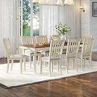 AMERLIFE 9-Piece Farmhouse Dining Table Set, Solid Rubberwood 79" Table Seats 8, Upholstered Chairs, Rustic Cream Roman Legs