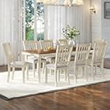AMERLIFE 9-Piece Farmhouse Solid Wood Dining Table Set with 8 Upholstered Chairs, Roman Conical Legs, Seats up to 8, 79'' Dining Table & Chairs Set for Kitchen and Dining Room, Brown & White