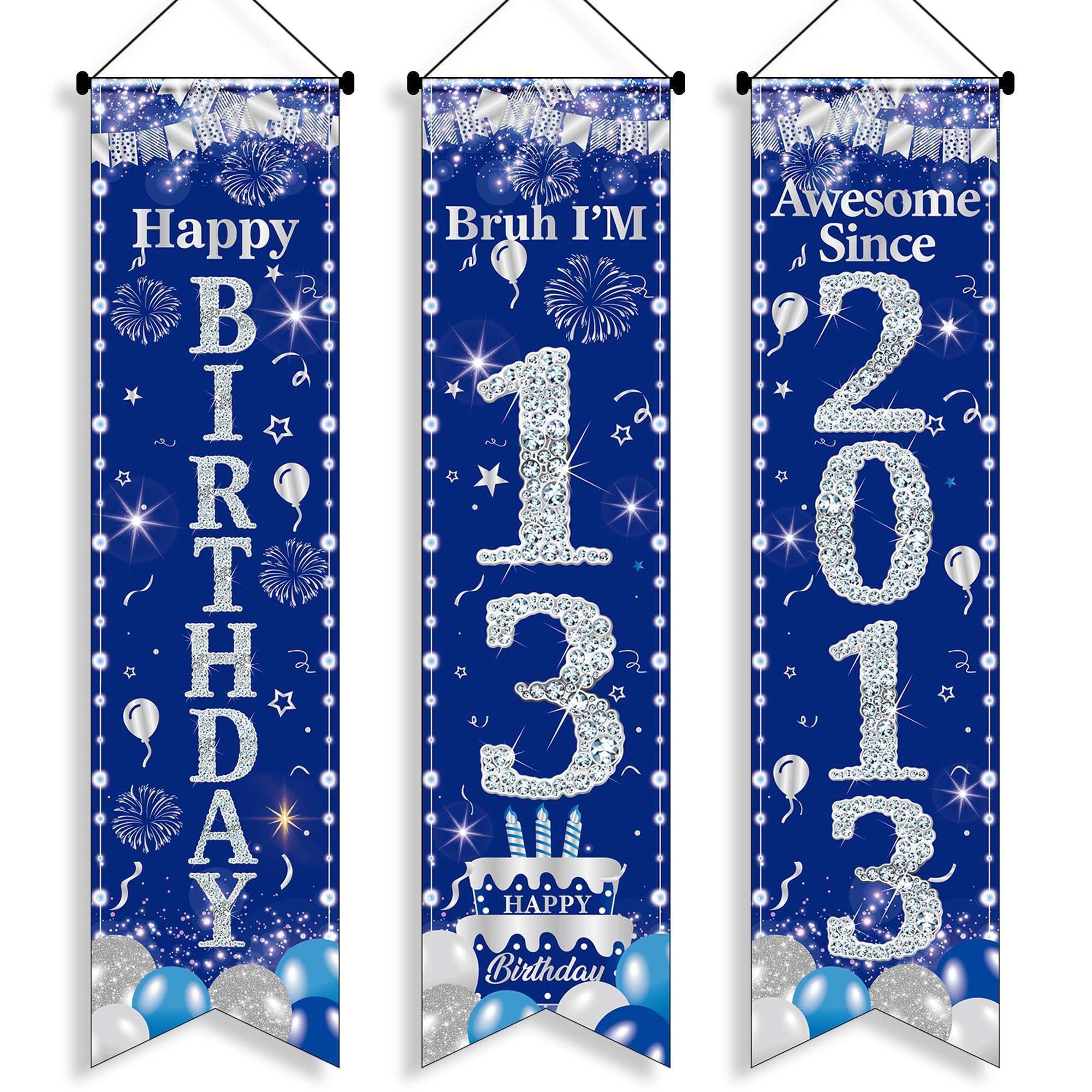 13th Birthday Decorations Door Banner - 3 Pcs Blue and Silver Boy Awesome Since 2013 Happy 13th Birthday Bruh I'M 13 3.9x0.9ft Door Porch Sign for 13 Years Old Boys Party Backdrop Decor Supplies