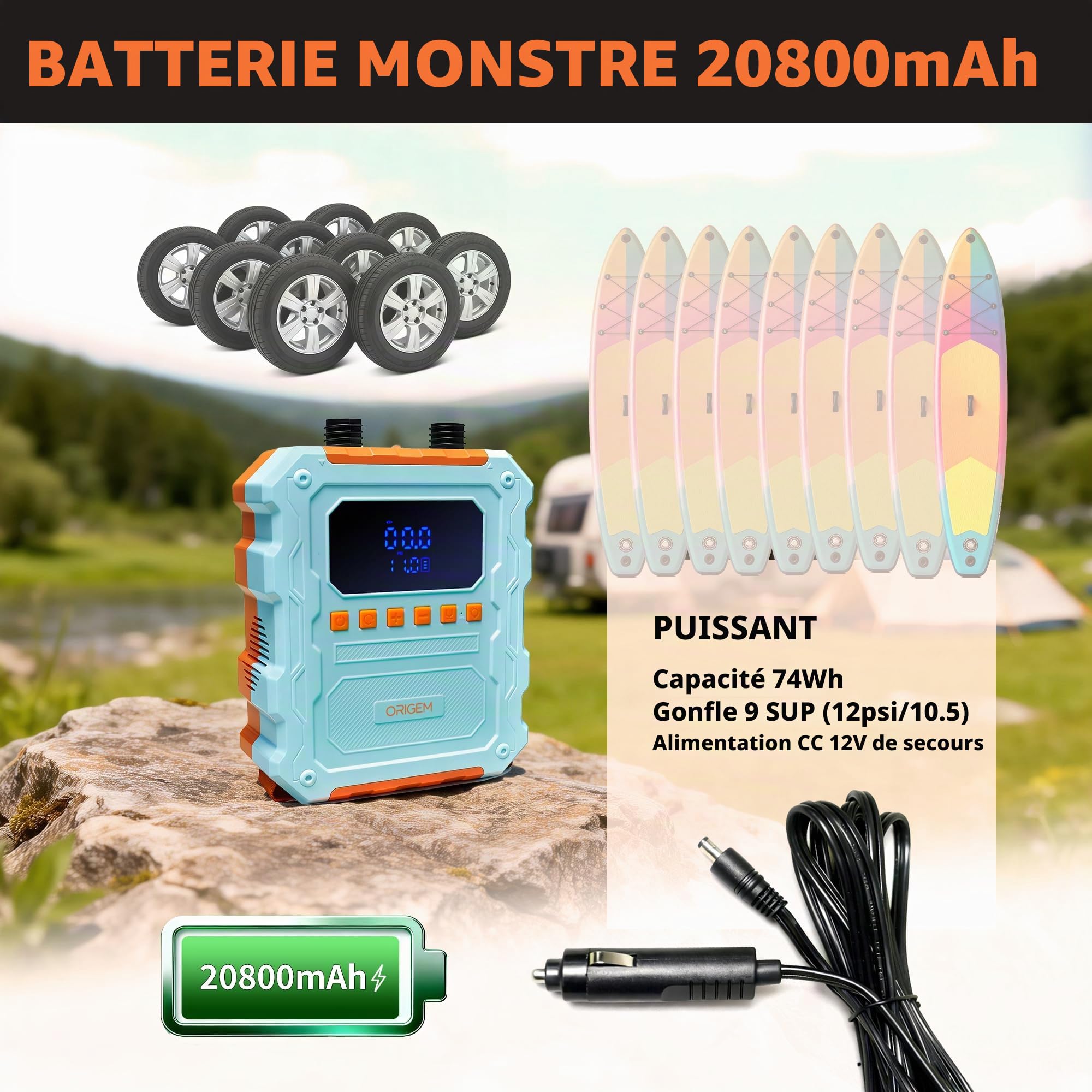 Origem 60 PSI Gonfleur Paddle Électrique, 20800 mAh Pompe Électrique Paddle Rechargeable, Gonflage/Dégonflage en 4 Minutes, 10 Embouts, Pompe Sup pour Planches de Paddle,Kayak, Bateau et Tente