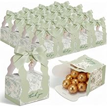 ForraFun 50 Sets Floral Wedding Favor Boxes with Pearl Pendant Bow, Green