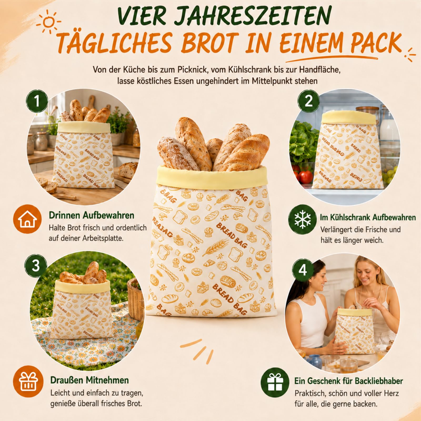 2 Stück Wiederverwendbare Bienenwachs Brotbeutel- Groß 43x33cm, Vollkommen natürliche Bienenwachs-Präservierung, Bienenwachs Brotbeutel für selbstgebackenes Brot und Backwaren