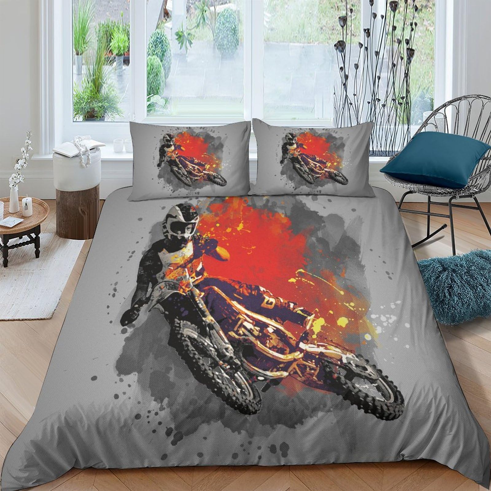 Housse de couette moto 3D parure de lit 3 pièces 220x240 avec taies d'oreiller enfant adulte