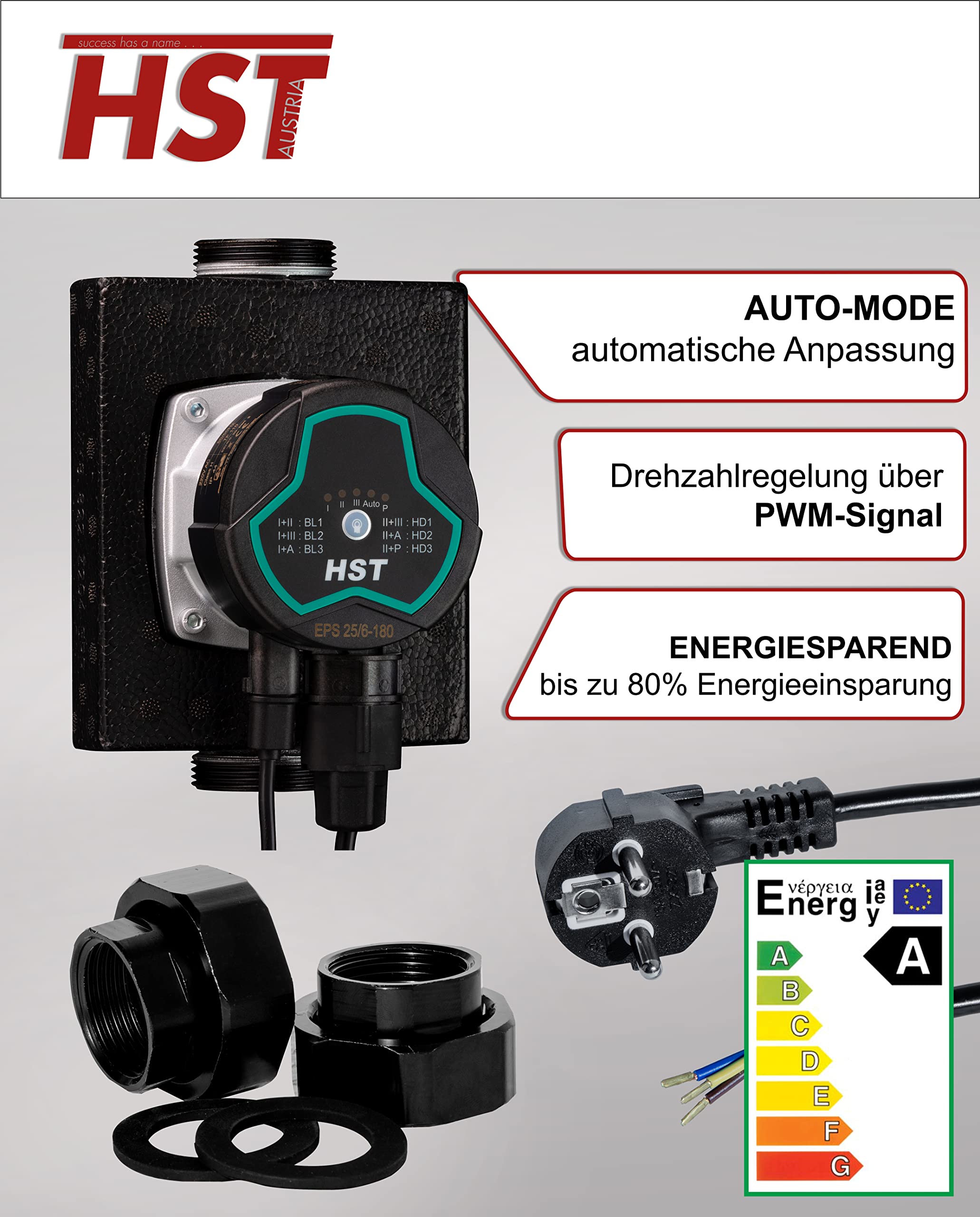 HST, pompa di riscaldamento ad alta efficienza, pompa di circolazione HST EPS 25-6/180 mm, altezza di mandata 6 metri, regolazione della velocità tramite segnale PWM