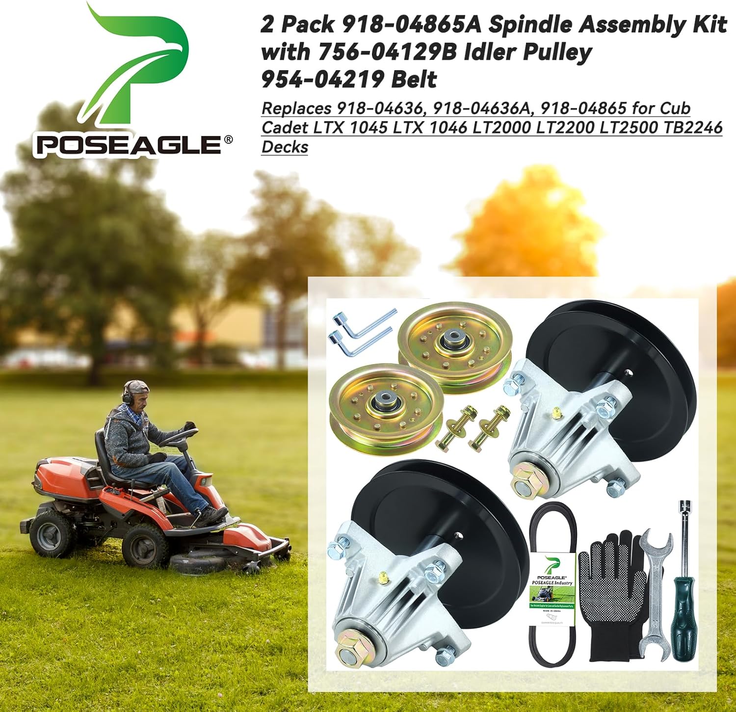 2 Pack Pre-Greased 918-04865A Spindle Assembly Kit with 756-04129B Idler Pulley 954-04219 Belt Replaces 918-04636, 918-04636A, 918-04865 for Cub Cadet LTX 1045 LTX 1046 Decks