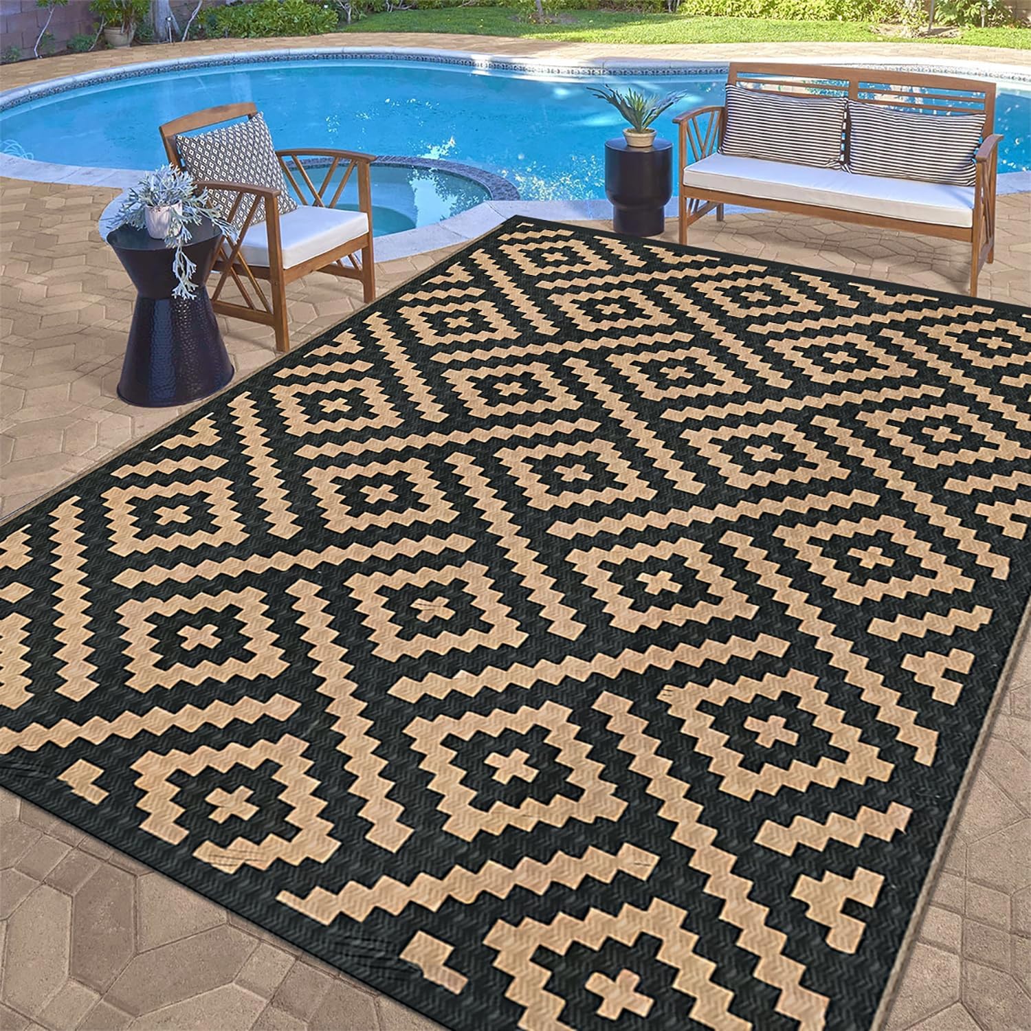 Dwustronna Mata na Zewnątrz 150x240 BrąZowo-Czarny Dywanik na Taras, Składane Dywaniki Kempingowe, Odwrócony Wodoodporny Dywanik z Plastikowej Słomy na Patio, Ogród, Balkon, Podwórz