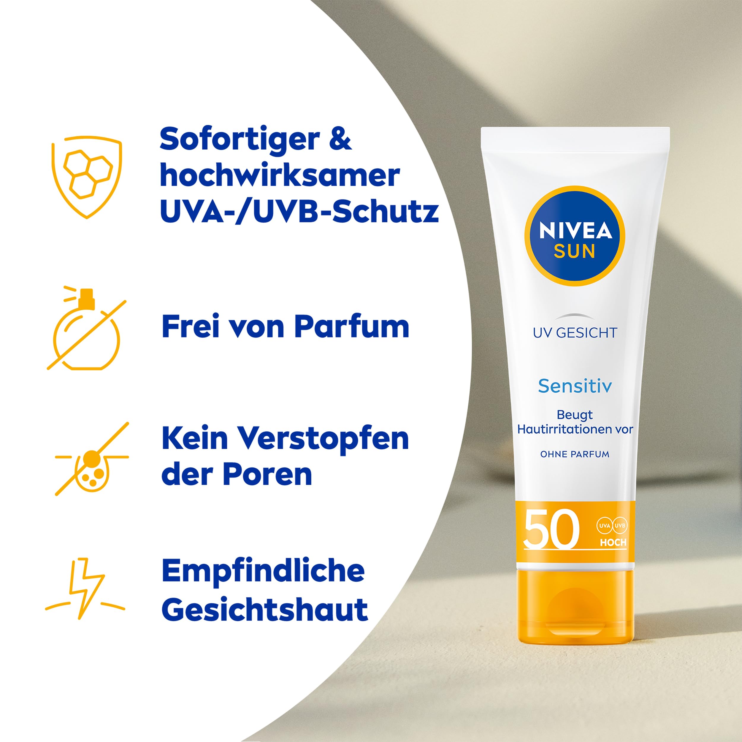 NIVEA SUN Sensitiv Set mit Sonnenschutz für das Gesicht & Spray mit LSF 50, parfümfreie Gesichtscreme beruhigt Hautirritationen, wasserfestes Sonnenspray für empfindliche Haut