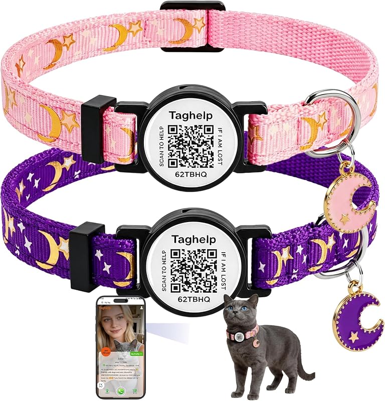 Coleira para Gatos com QR Code, Fivela Breakaway, Sino e Pingente de Lua e Estrelas Taghelp Roxa e Rosa, Pacote com 2