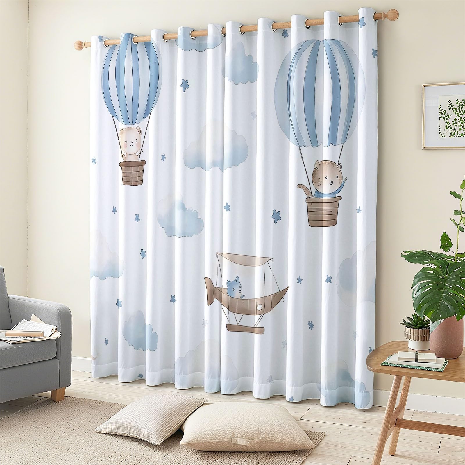 XCQHZYQ Blackout Curtains for Bedroom - Watercolor Hot Air Balloon Clouds Pattern, Thermal Insulated Drapes W46 x L72 inch for Nursery and Living Room