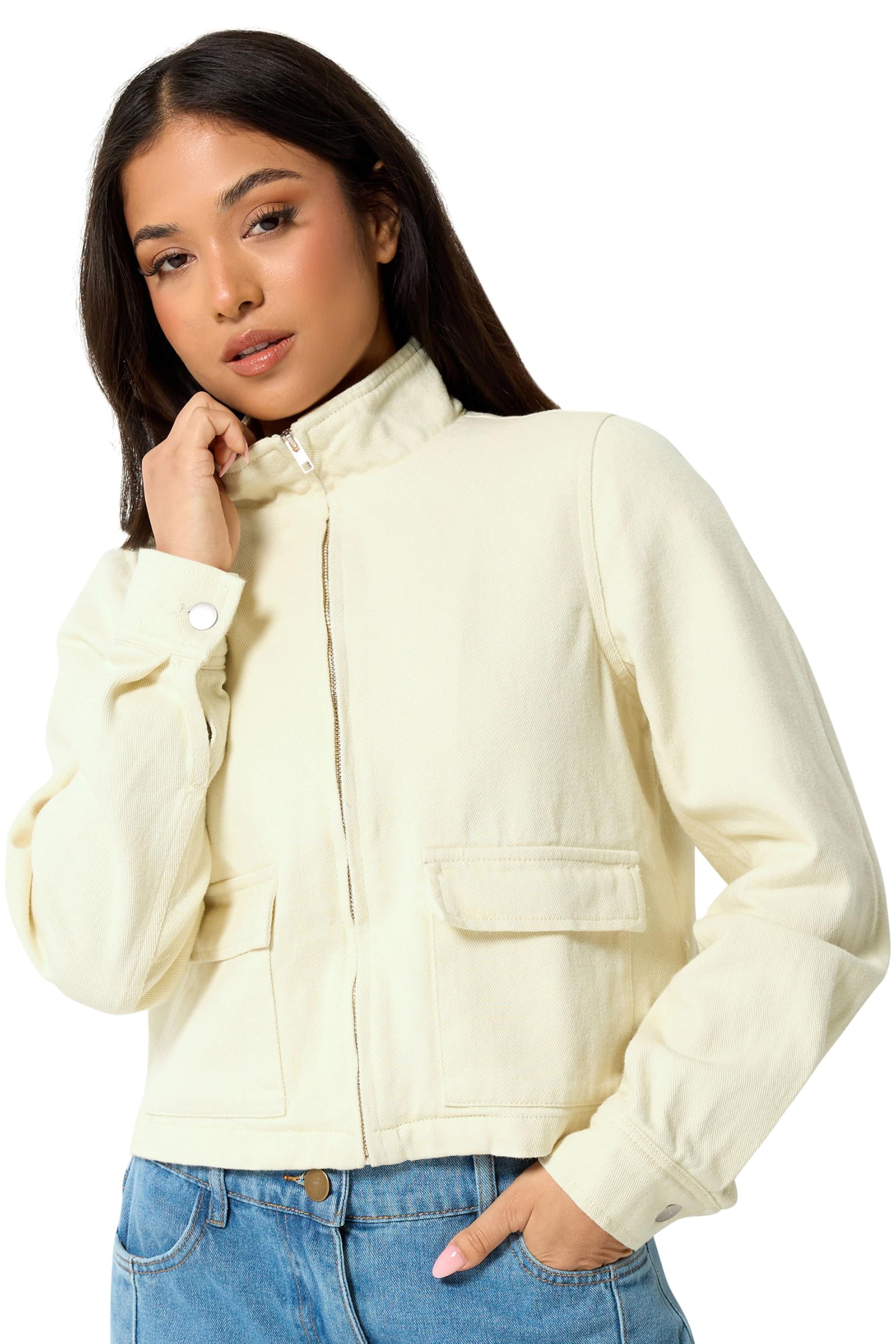 Pixiegirl Women's Lemon Petite Funnel Neck Denim Jacket In | Size: 10